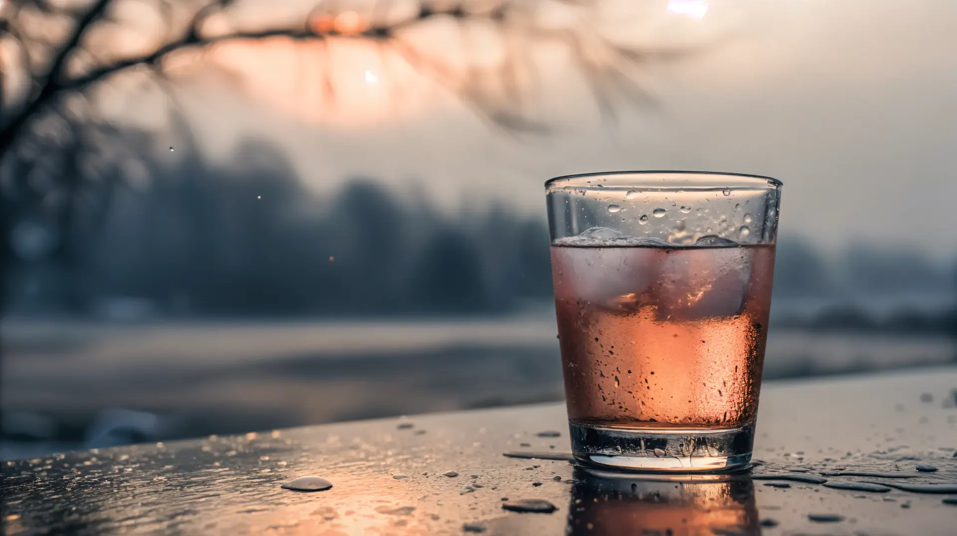 A cold drink in a glass reflects the surrounding landscape, with water droplets on the table. The image serves as a 4K Ultra HD PC desktop wallpaper and background.