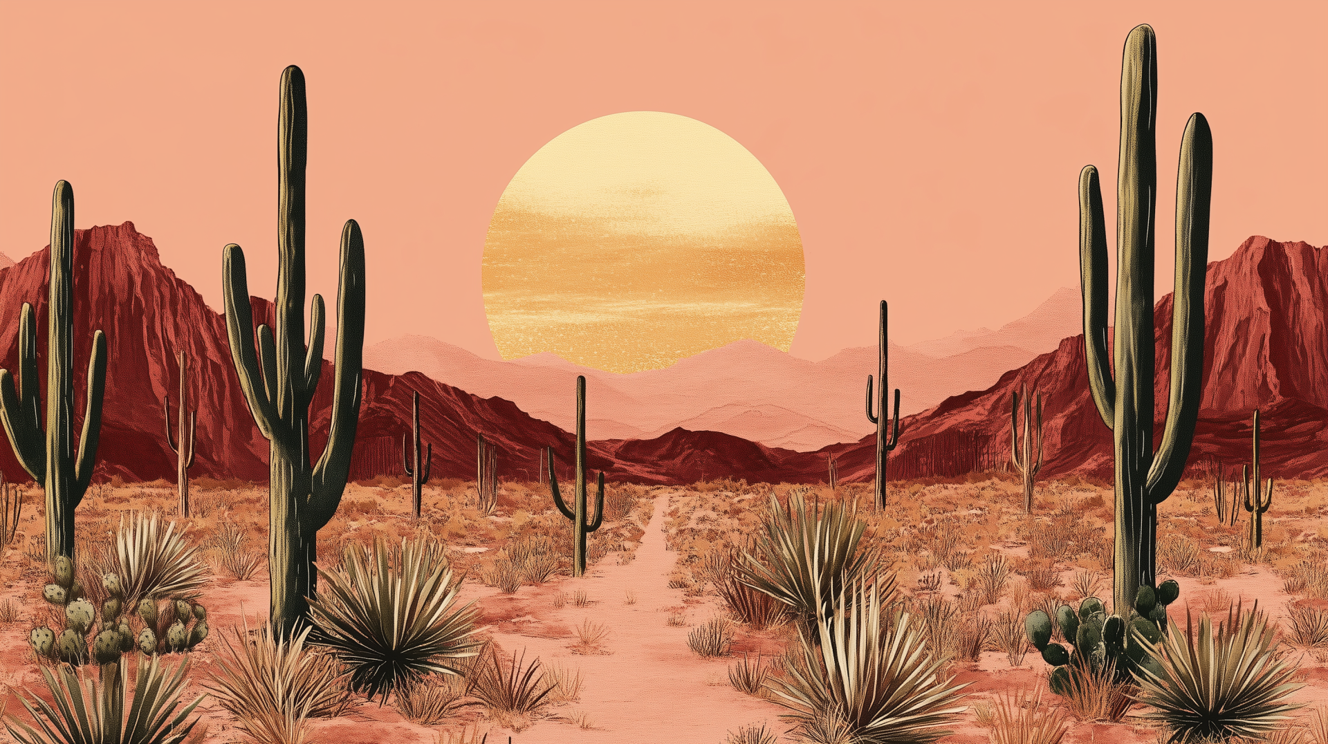 A vibrant desert painting featuring warm colors, tall cacti, and a large sun setting behind red mountains, creating a serene landscape for a HD desktop wallpaper.
