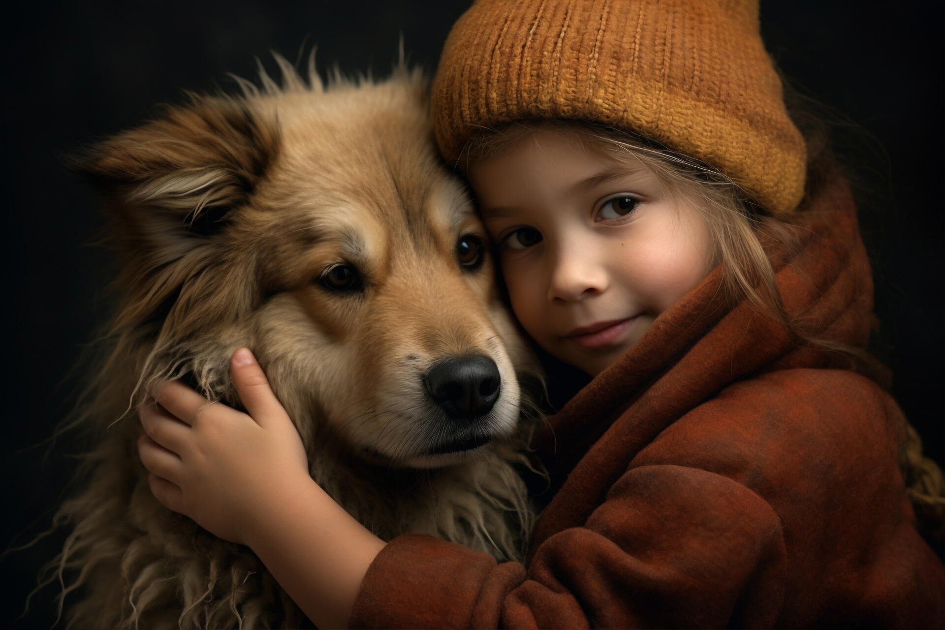 AI Art 8K Ultra HD PC desktop wallpaper of a young child in a knit cap hugging a fluffy dog, warm tones and soft, intimate lighting.