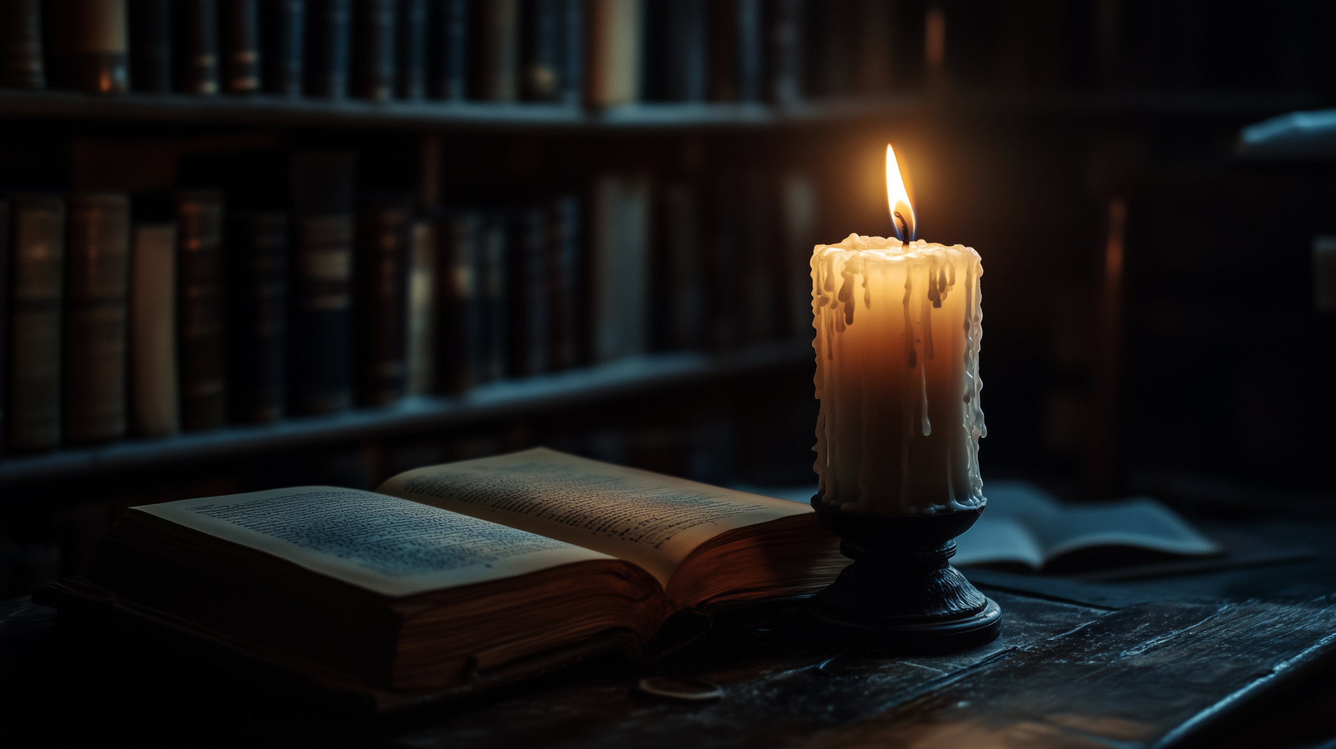 A dimly lit library exuding dark academia vibes, featuring an open book next to a flickering candle, casting a warm glow amidst the rows of books.