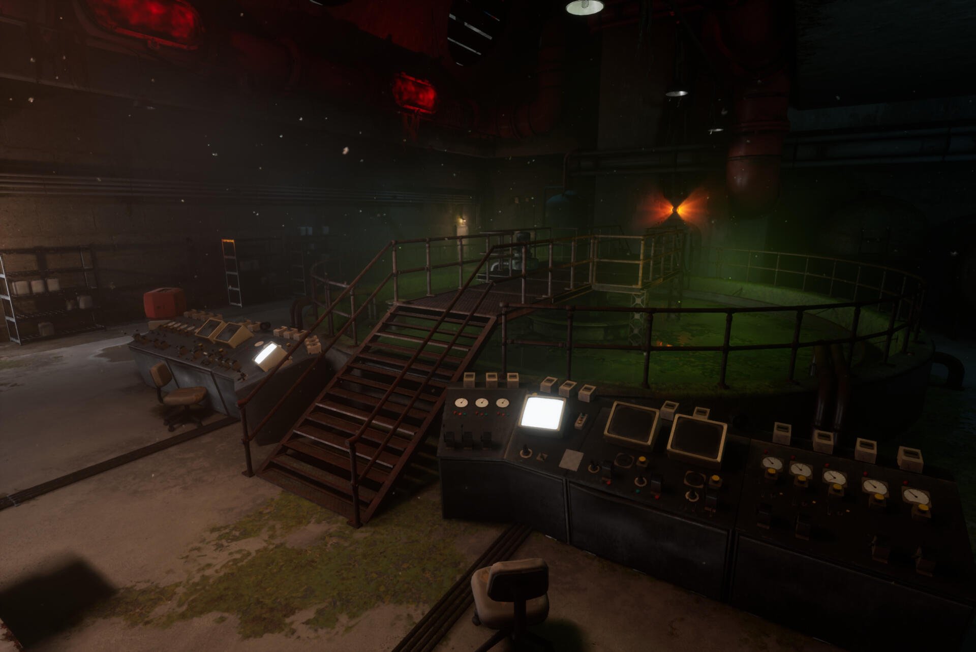 A HD desktop wallpaper featuring a dimly lit industrial setting from Poppy Playtime: Chapter 4, showcasing machinery and a staircase in an eerie atmosphere.