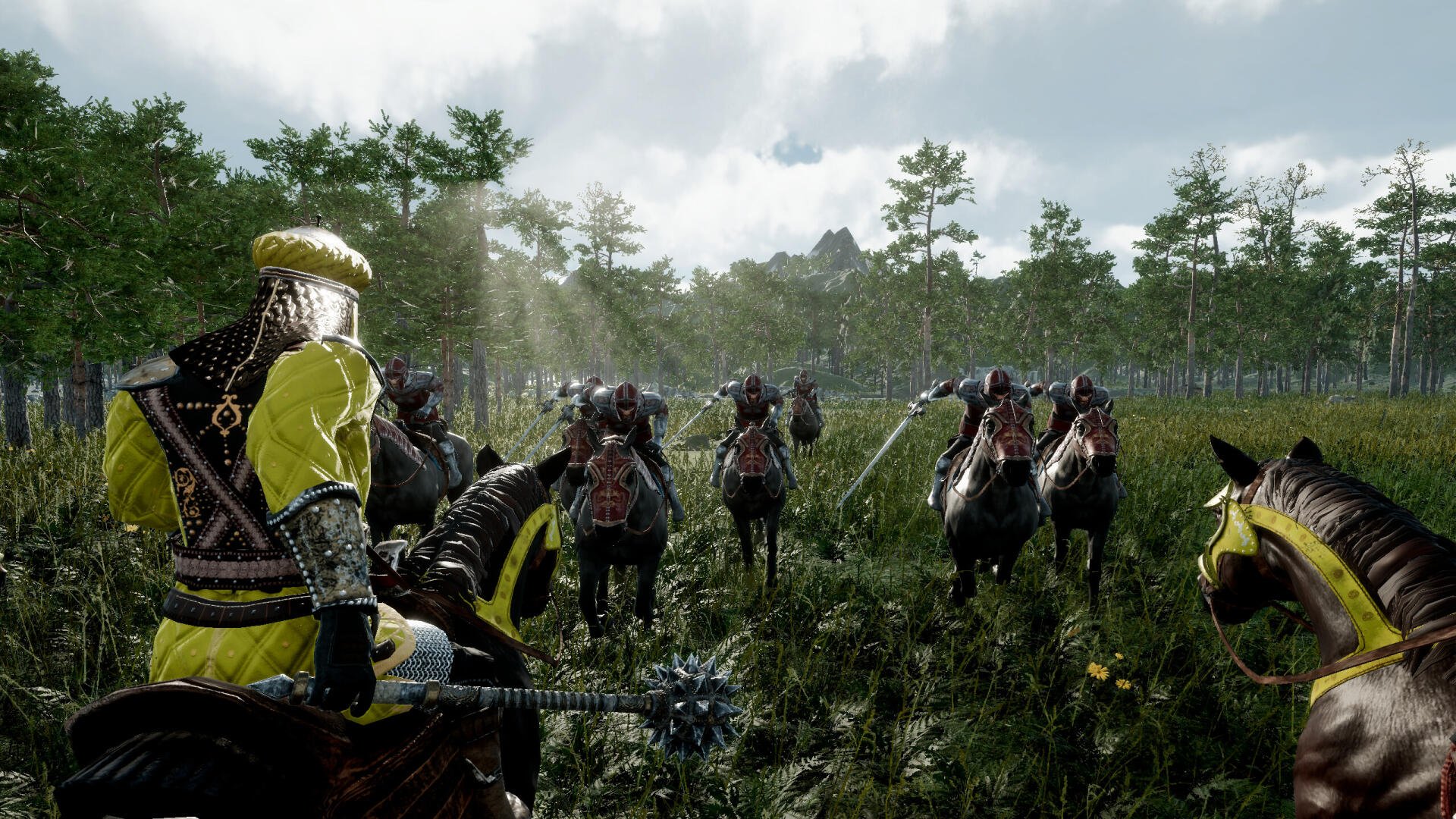 A captivating HD wallpaper from the video game Eyes of War, featuring armored warriors on horseback amidst a lush, green landscape under a dramatic sky.