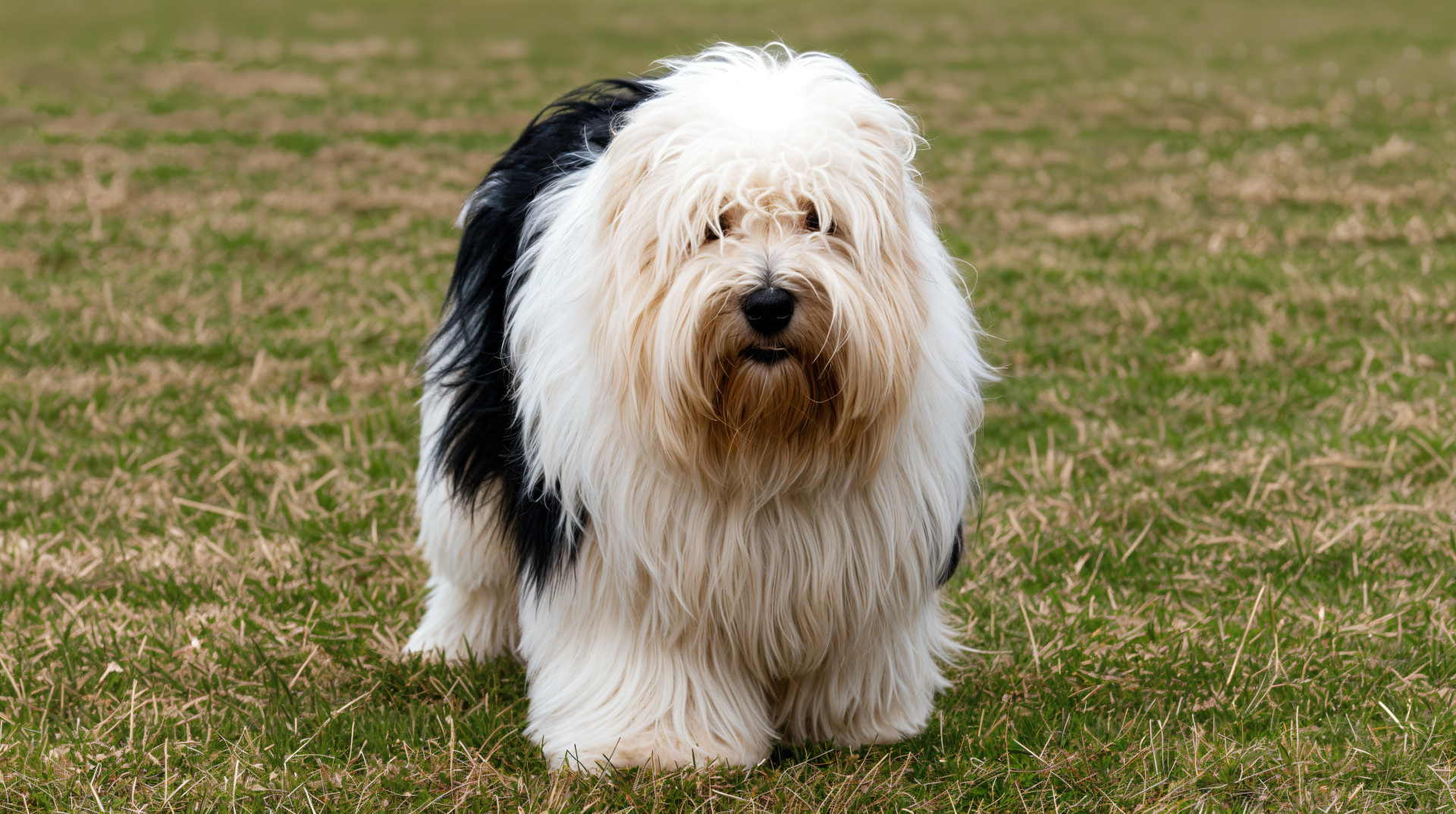 A fluffy sheepdog stands on grass, showcasing its distinctive black and white fur. This striking image makes a vibrant 4K Ultra HD desktop wallpaper.