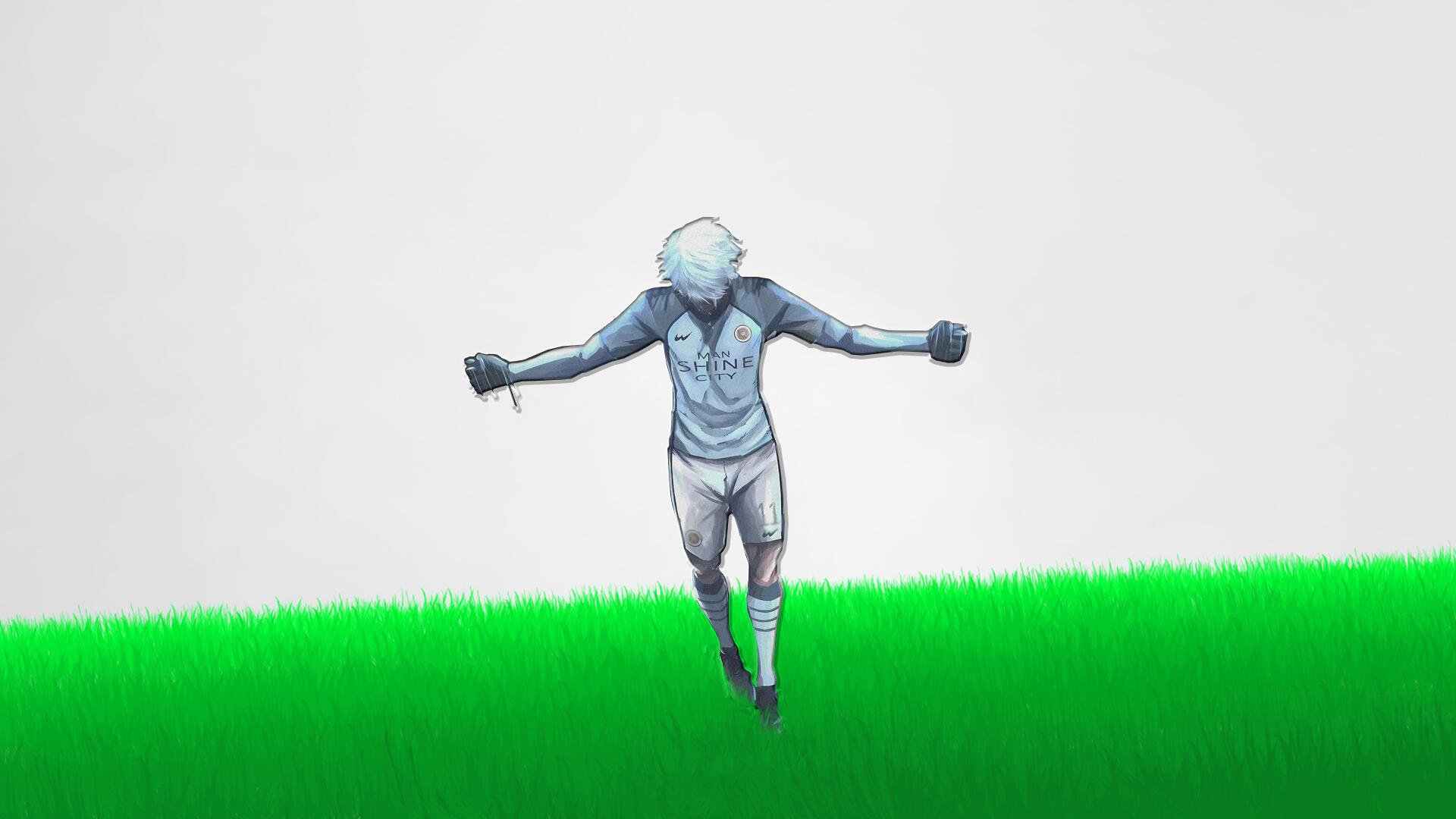 HD PC desktop wallpaper featuring Seishiro Nagi from Blue Lock in a dynamic pose on a vibrant green field with a minimalist white background.