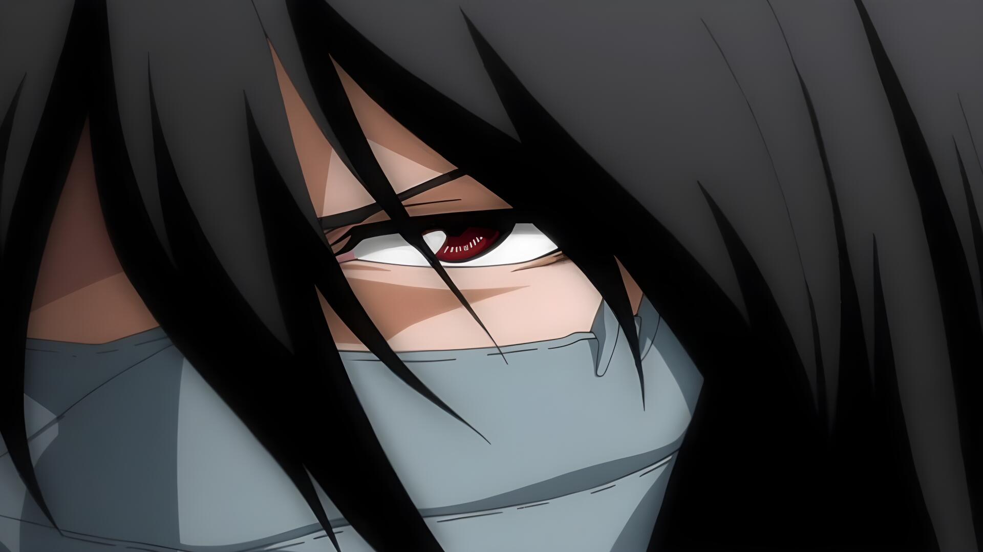Close-up 4K Ultra HD anime wallpaper featuring Ichigo Kurosaki from Bleach with intense red eyes and black hair partially covering his face.