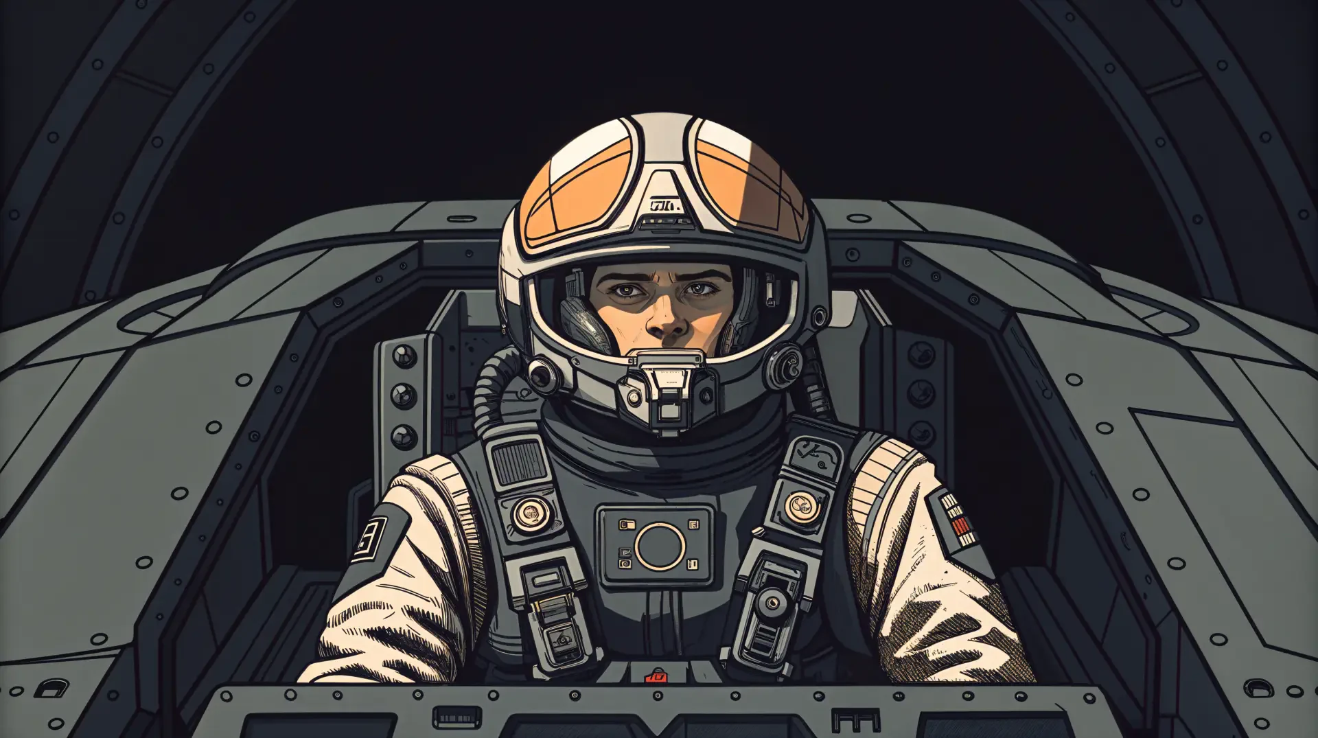 A mech pilot in a detailed cockpit, wearing a helmet with an orange visor, portrays a futuristic atmosphere in this striking 4K Ultra HD desktop wallpaper.