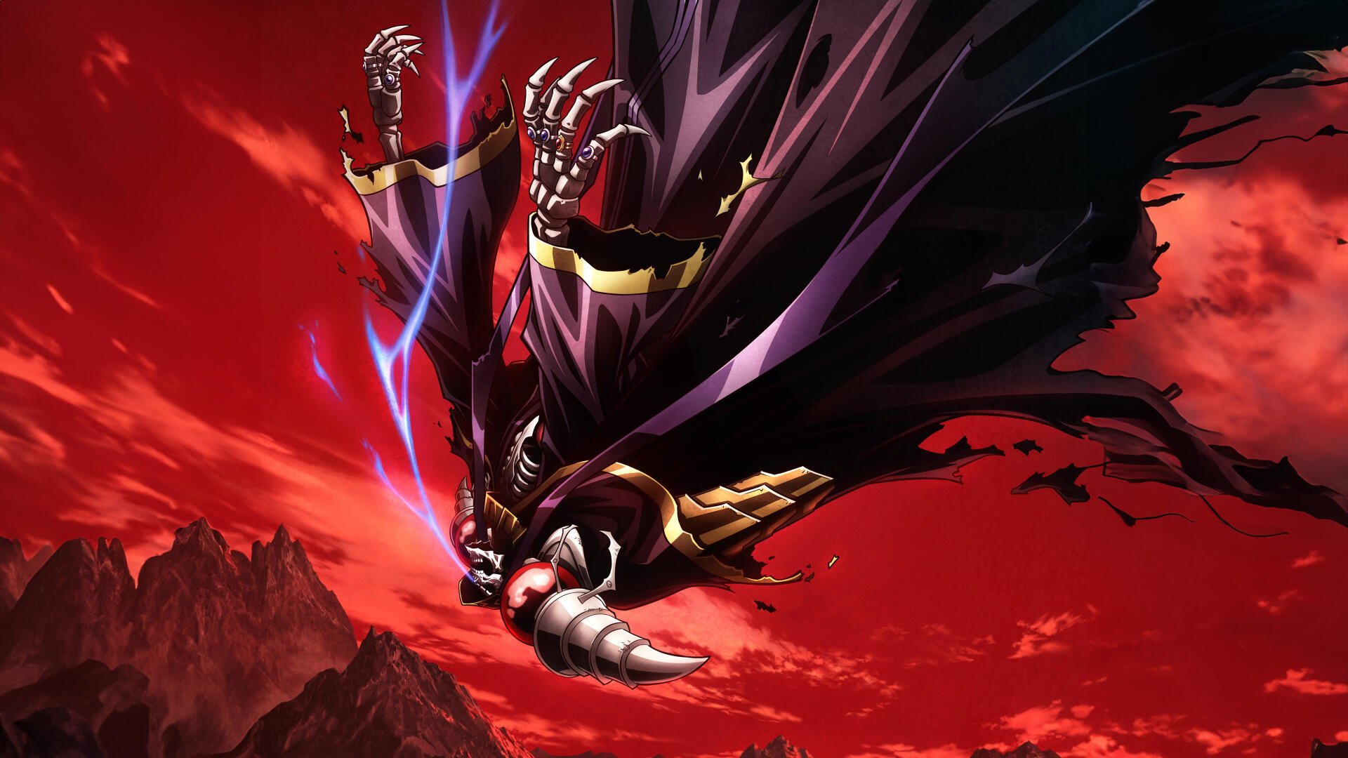 Overlord 4K Ultra HD PC desktop wallpaper: armored skeletal overlord in a flowing cloak unleashes blue lightning beneath a blood-red sky above jagged mountains.
