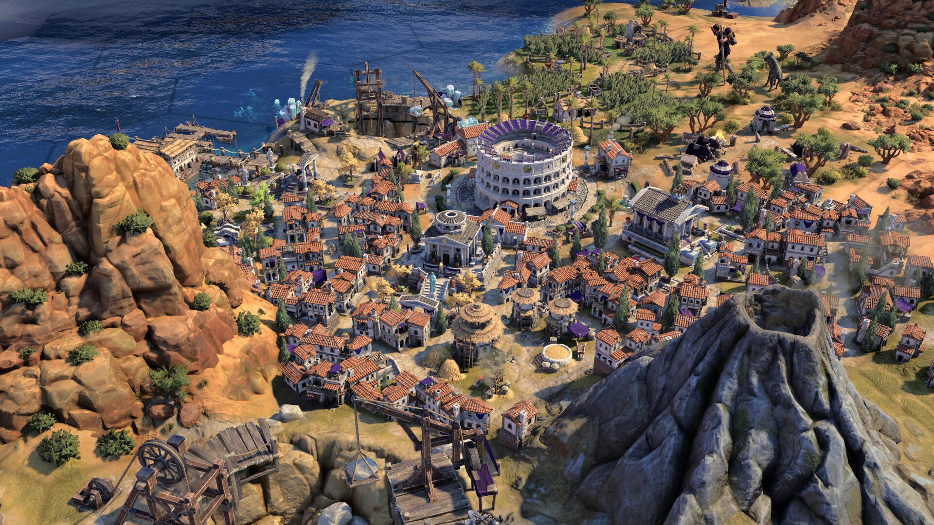 A vibrant 4K Ultra HD wallpaper showcasing a detailed cityscape from Sid Meier's Civilization VII, featuring ancient architecture and a scenic coastal backdrop.