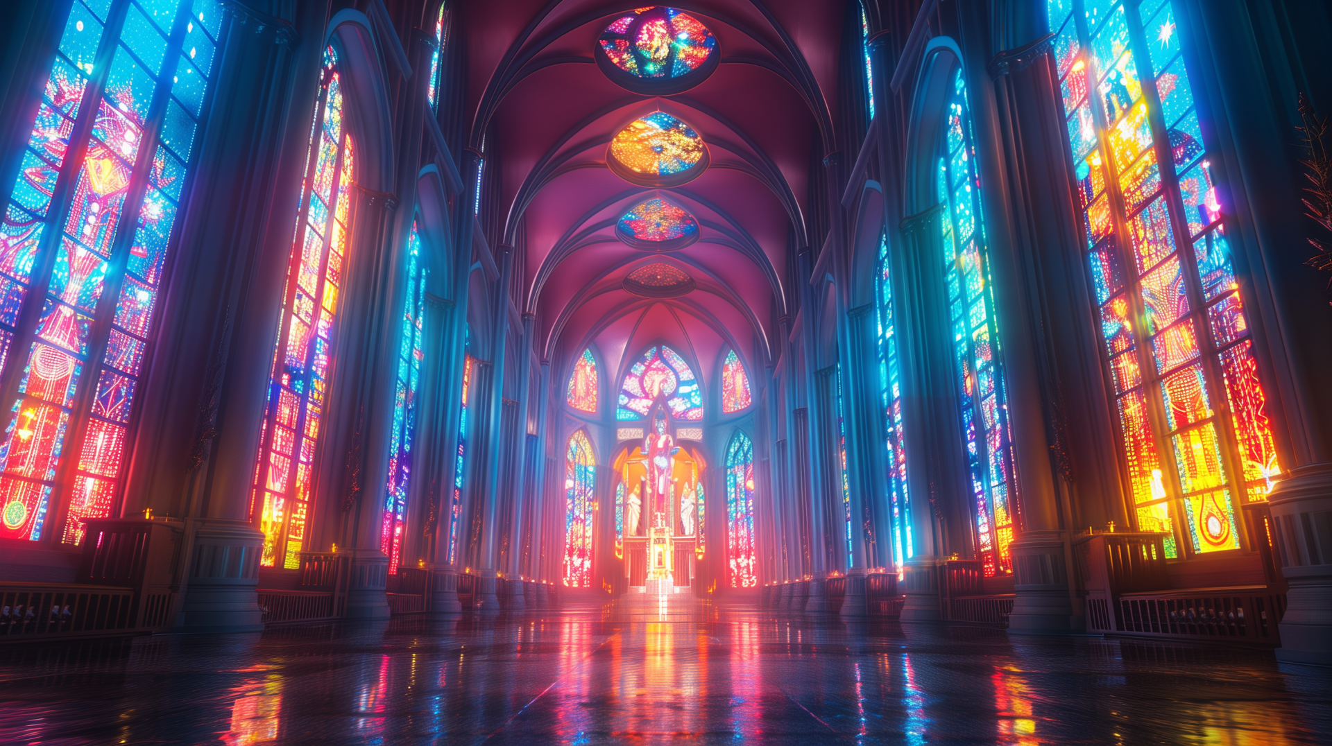 Colorful interior of a cathedral featuring vibrant stained glass windows that cast stunning reflections on the floor. A captivating scene for an HD desktop wallpaper.