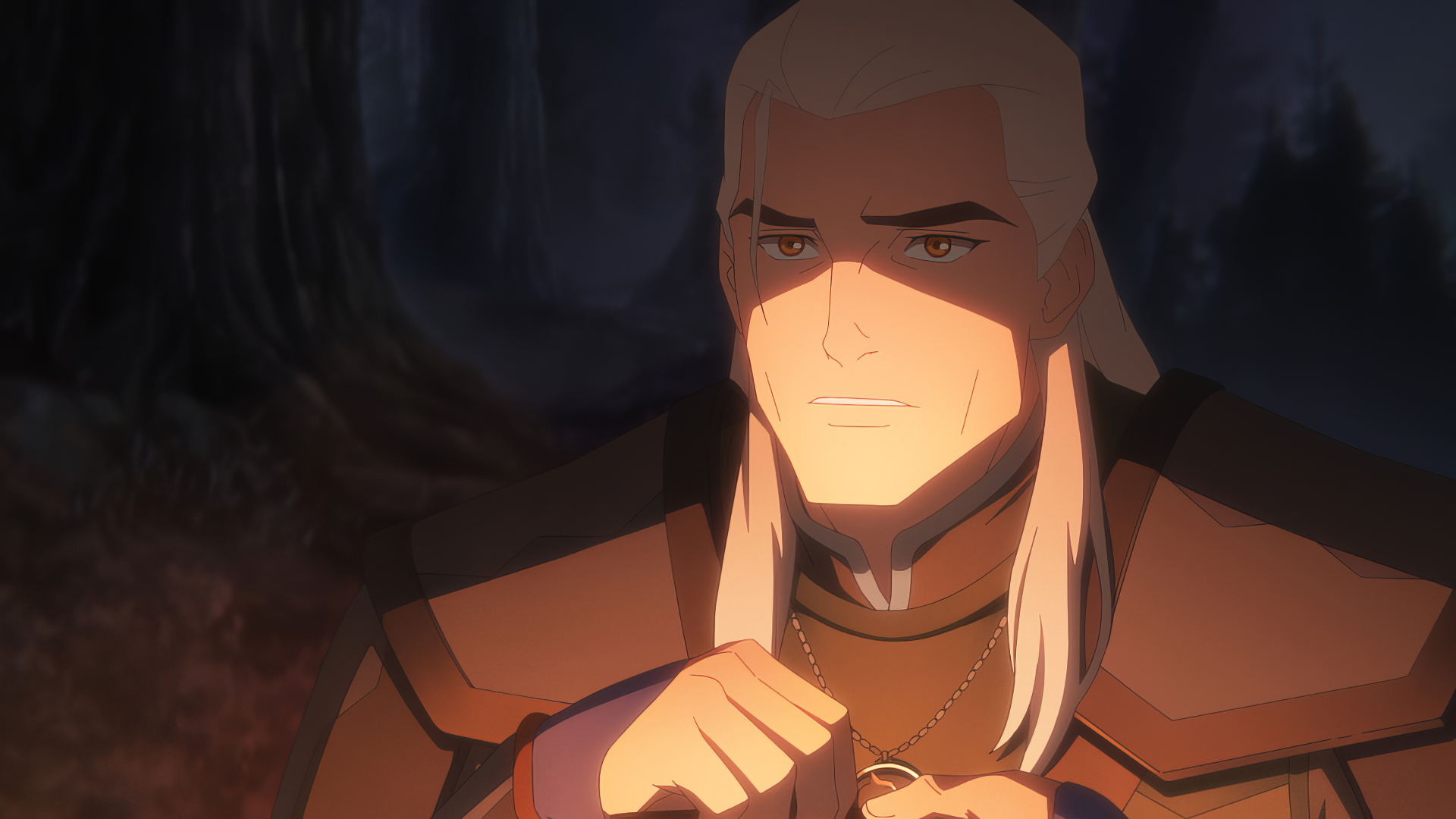 An HD wallpaper featuring Geralt of Rivia from the anime The Witcher: Sirens of the Deep, showcasing his character in a dramatic, shadowy setting.