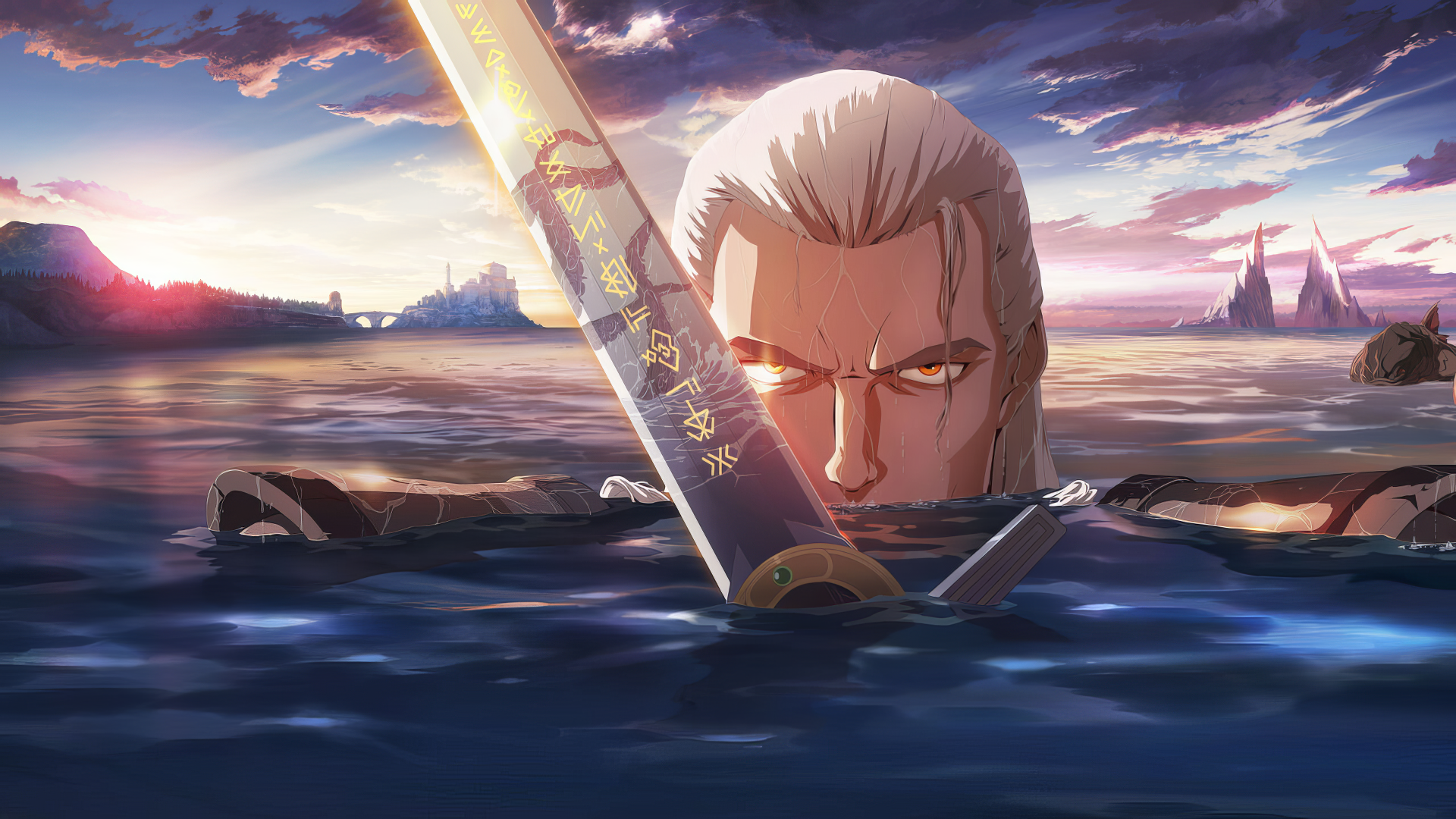 High-definition anime desktop wallpaper featuring Geralt of Rivia from The Witcher: Sirens of the Deep, set against a dramatic ocean backdrop at sunset.