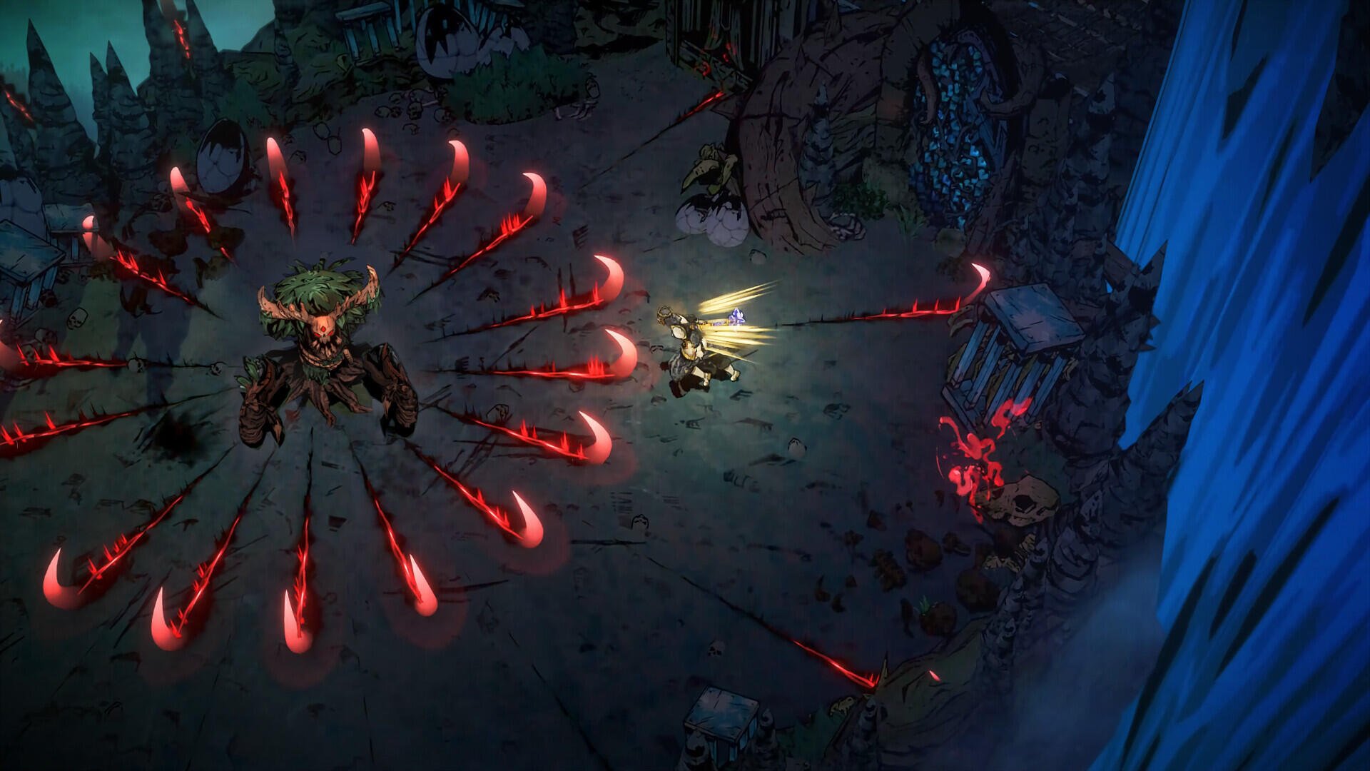 A vivid HD wallpaper featuring a dramatic scene from the video game Sworn, showcasing a character surrounded by menacing red projectiles in an immersive battle environment.