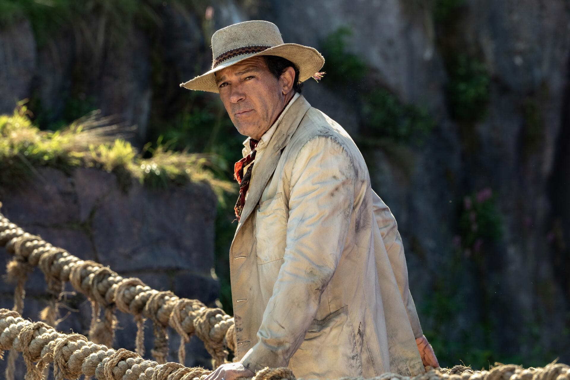 Antonio Banderas captures attention in this HD wallpaper from the movie Paddington in Peru, showcasing a scenic backdrop of lush landscapes and adventure.