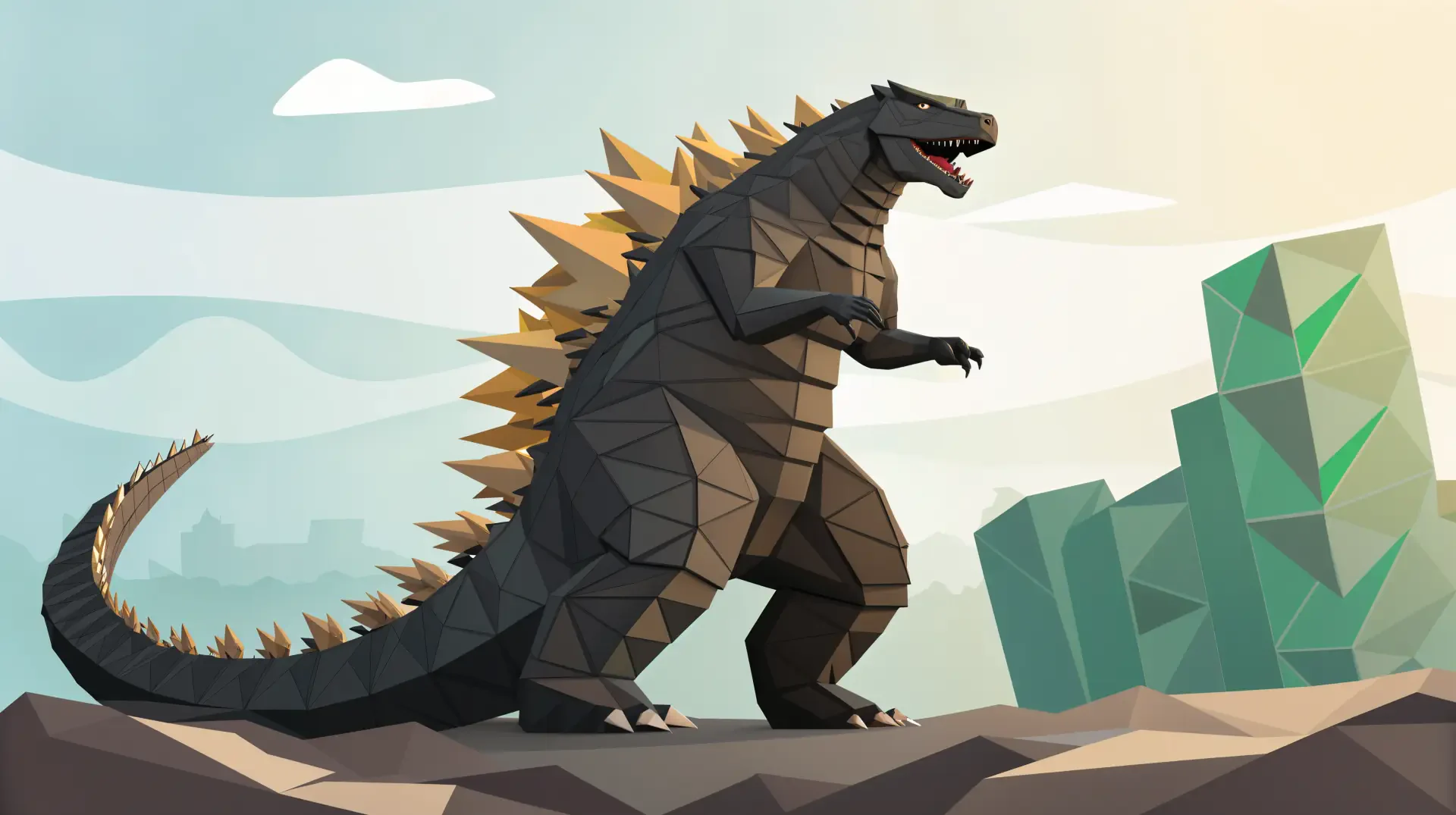 Polygon art digital illustration of Godzilla standing in a stylized landscape, designed as a 4K Ultra HD PC desktop wallpaper and background.