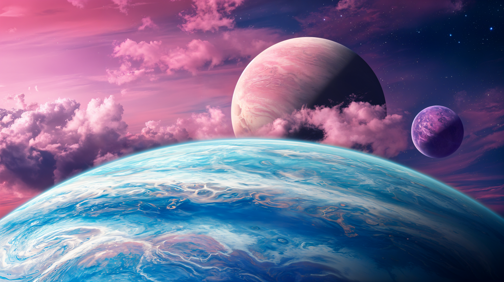A stunning 4K Ultra HD PC desktop wallpaper featuring vivid clouds and two prominent planets above a vibrant blue planet, set against a captivating cosmic backdrop.
