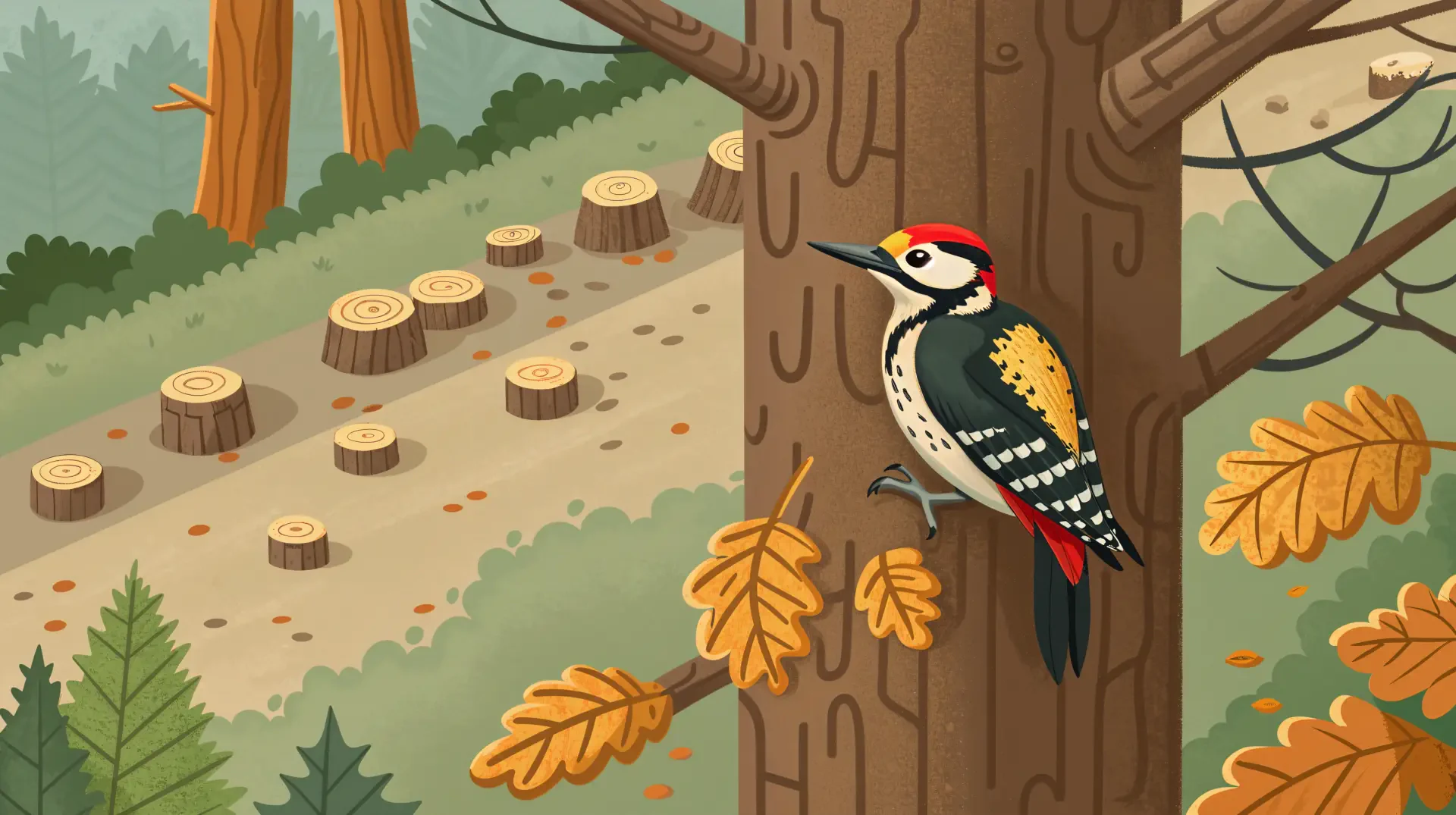 A vibrant woodpecker perched on a tree trunk, surrounded by autumn leaves, with a background of cut tree stumps and a serene forest scene, captured in stunning 4K Ultra HD.