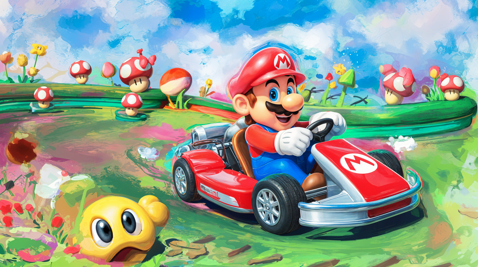 A vibrant 4K Ultra HD wallpaper featuring Mario racing in his go-kart, surrounded by colorful mushrooms and a cheerful landscape from the Mario Kart universe.