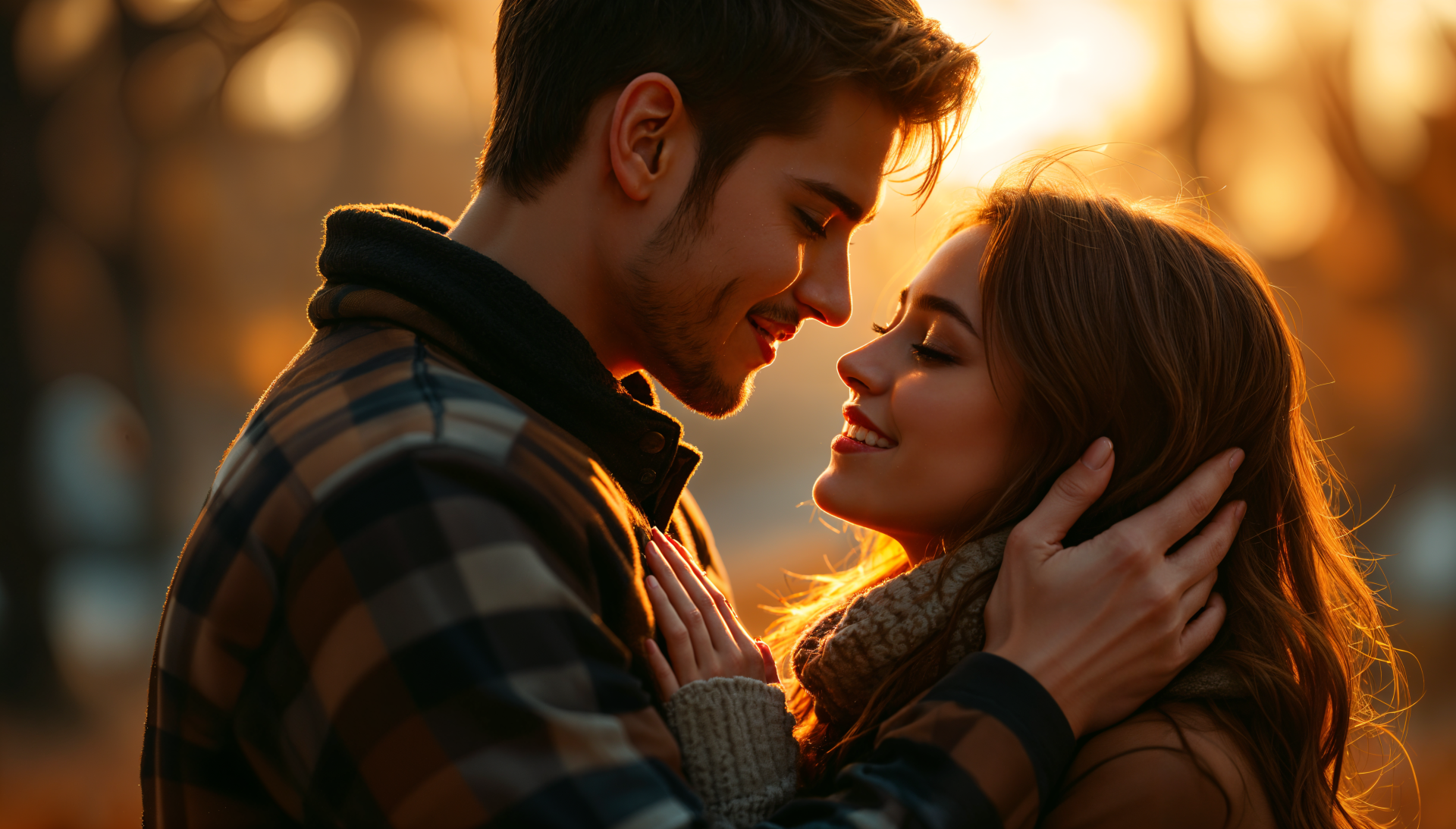 A tender moment captures a couple cuddling closely, radiating warmth against a sunset backdrop. A beautiful 4K Ultra HD wallpaper and background.