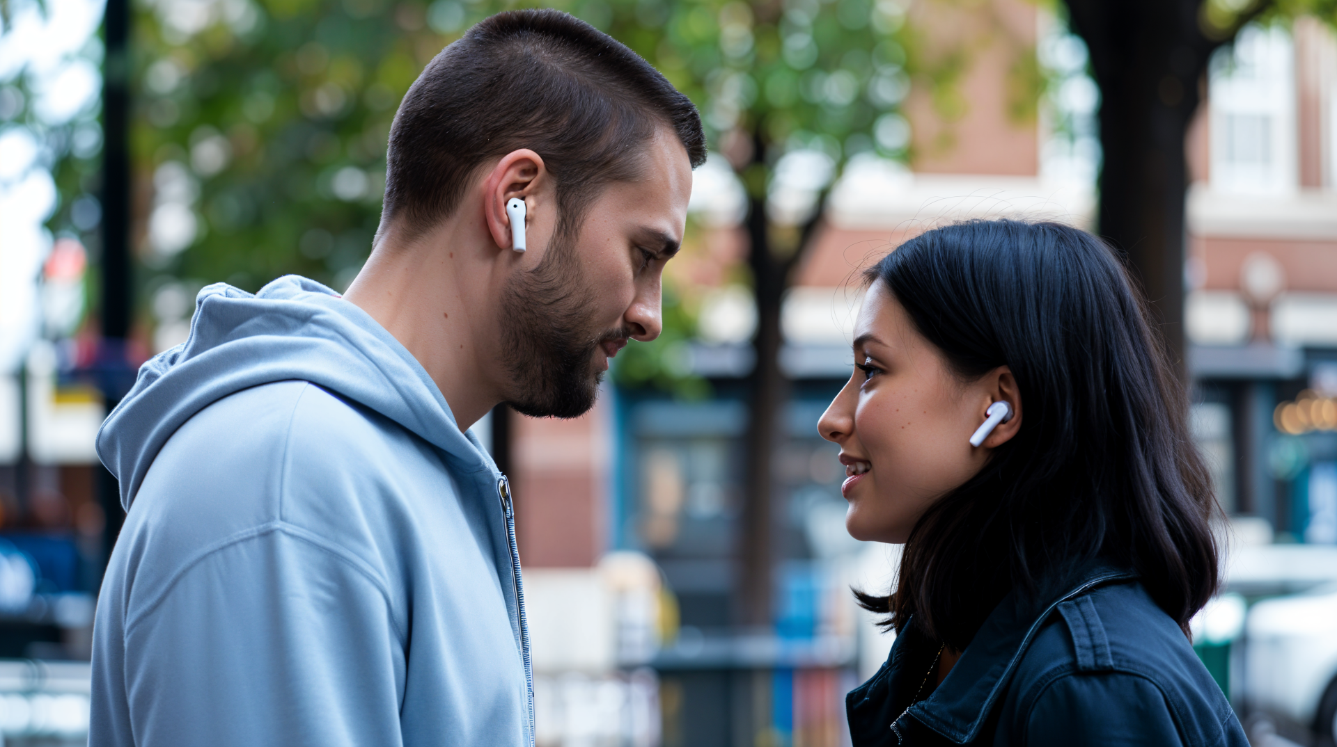 A 4K Ultra HD wallpaper featuring a man and woman smiling at each other, both wearing white earbuds, set against a blurred urban background with greenery.