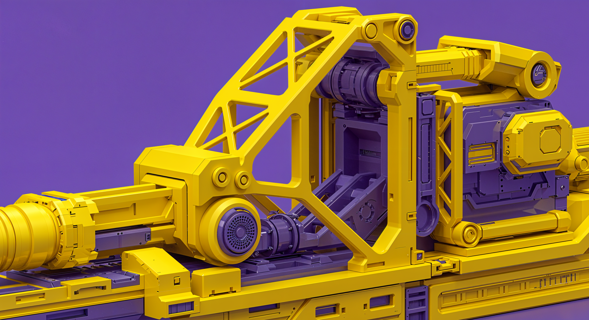 A vibrant industrial design featuring intricate yellow machinery set against a purple background, showcased as a 4K Ultra HD PC desktop wallpaper and background.