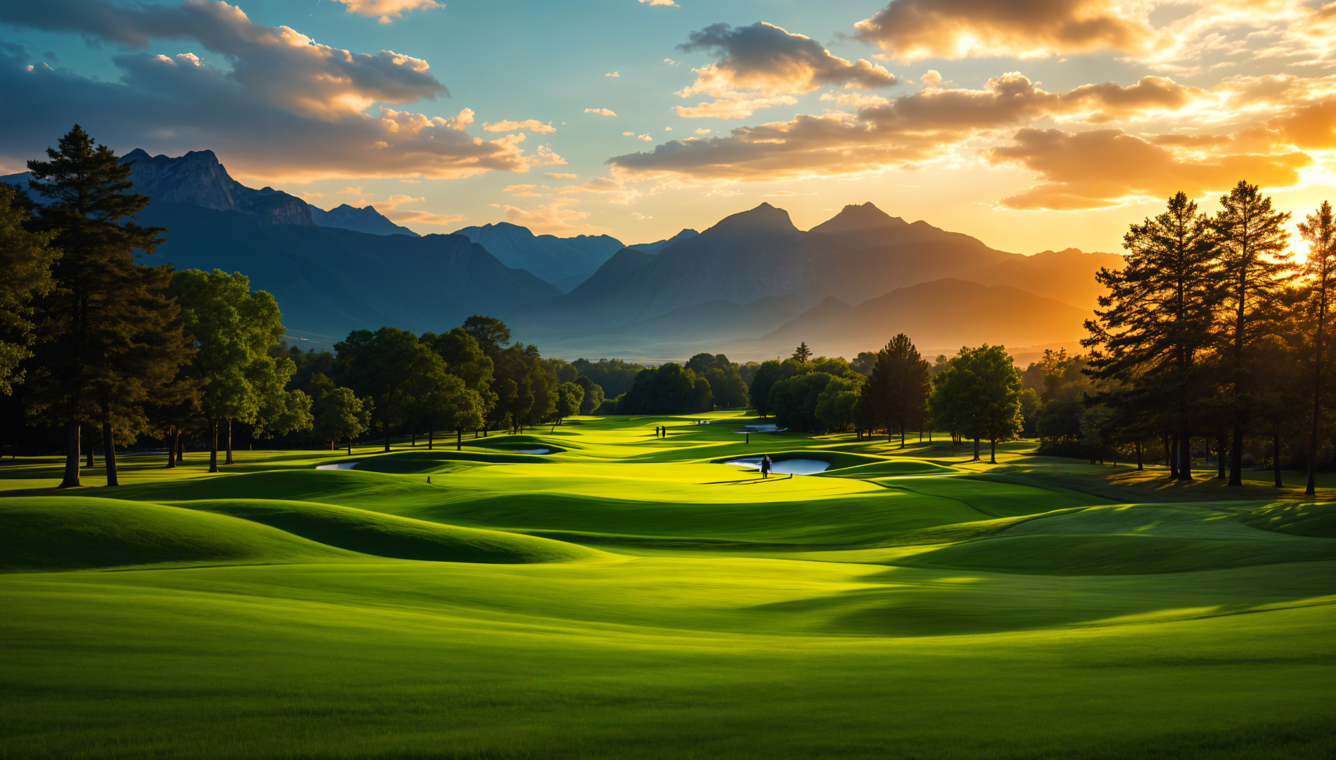 A stunning golf course at sunset, featuring lush green fairways, serene water features, and majestic mountains in the background, captured in vibrant 4K Ultra HD quality.