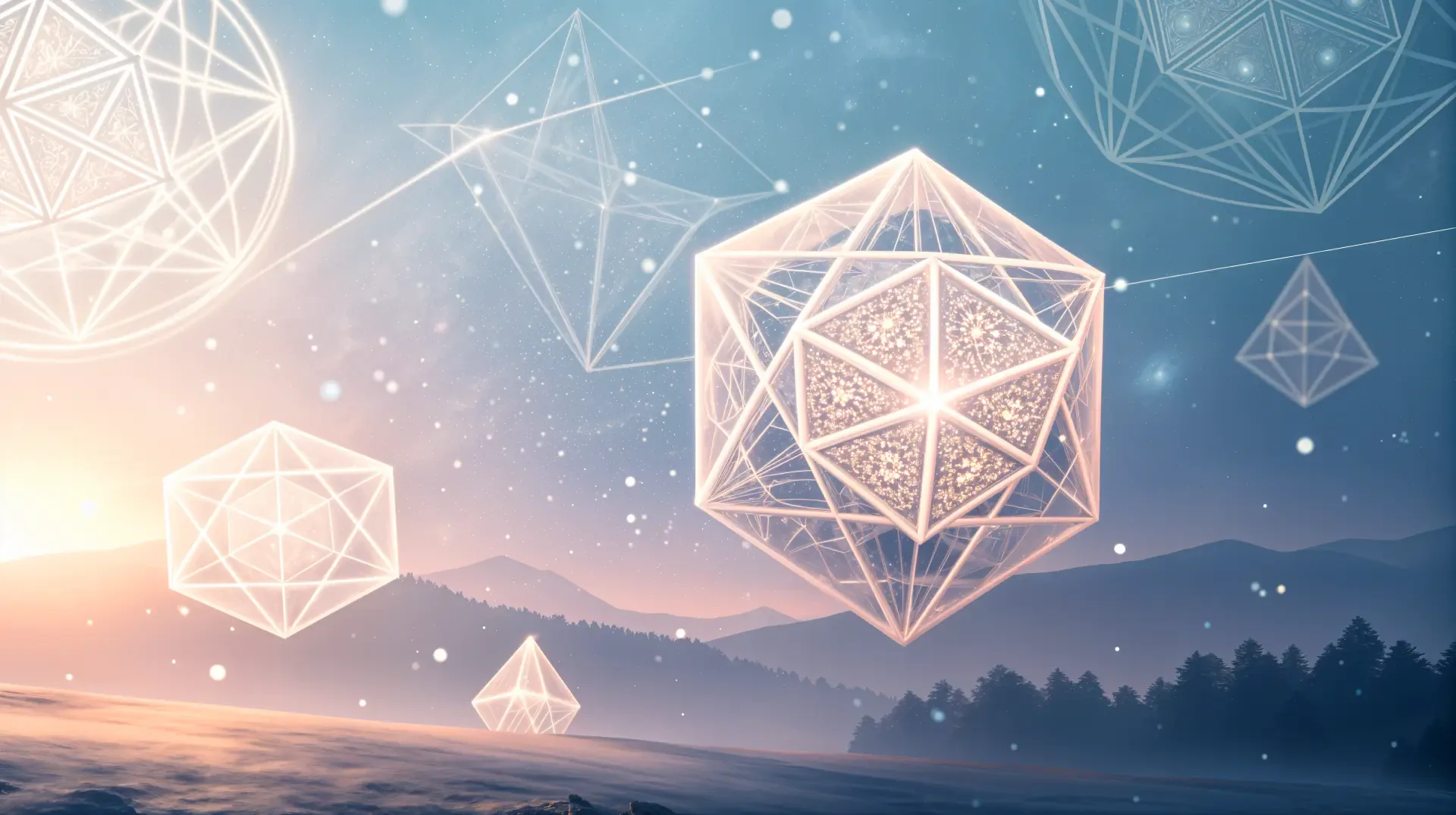 Translucent geometric shapes float above a serene landscape, illuminated by a soft sunrise in this captivating 4K Ultra HD PC desktop wallpaper.