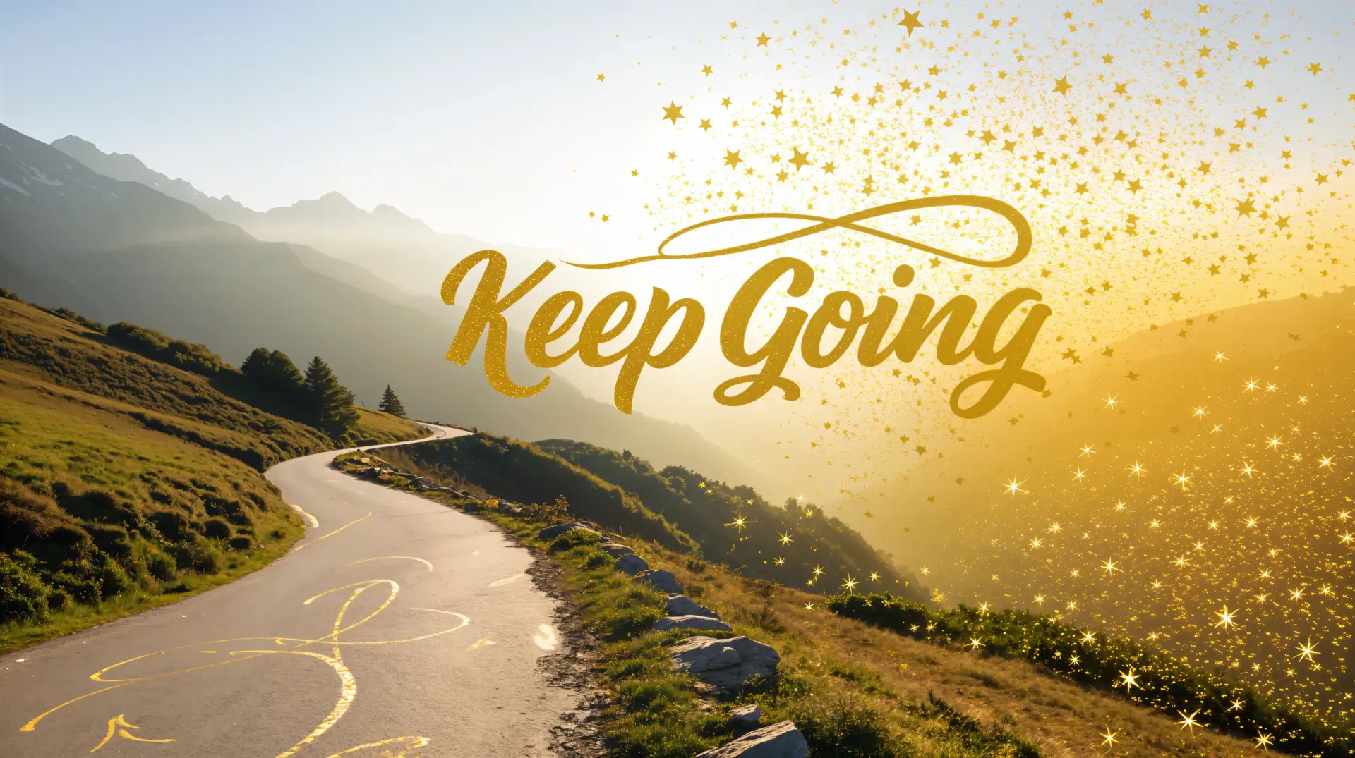 A winding road through a scenic landscape with golden Keep Going text and sparkling stars, captured in 4K Ultra HD as a motivational PC desktop wallpaper.