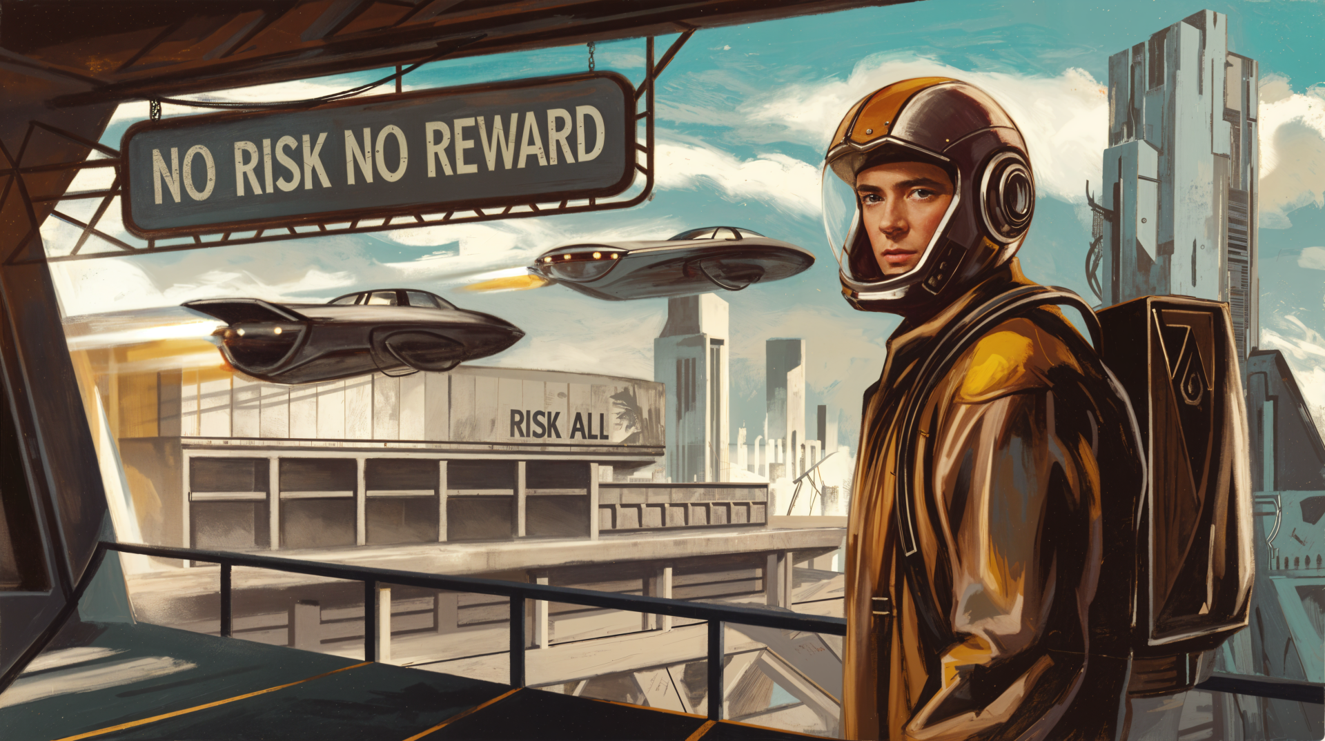 A futuristic scene featuring a character in a helmet standing in a high-tech environment, with the phrase No Risk No Reward prominently displayed above, set as a 4K Ultra HD wallpaper.