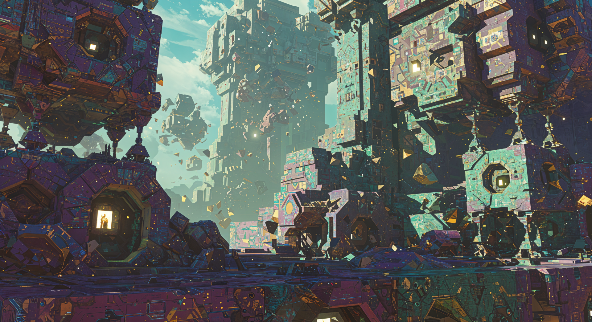 A vibrant magical realm featuring intricate, geometric structures against a bright sky, designed as a stunning 4K Ultra HD PC desktop wallpaper and background.