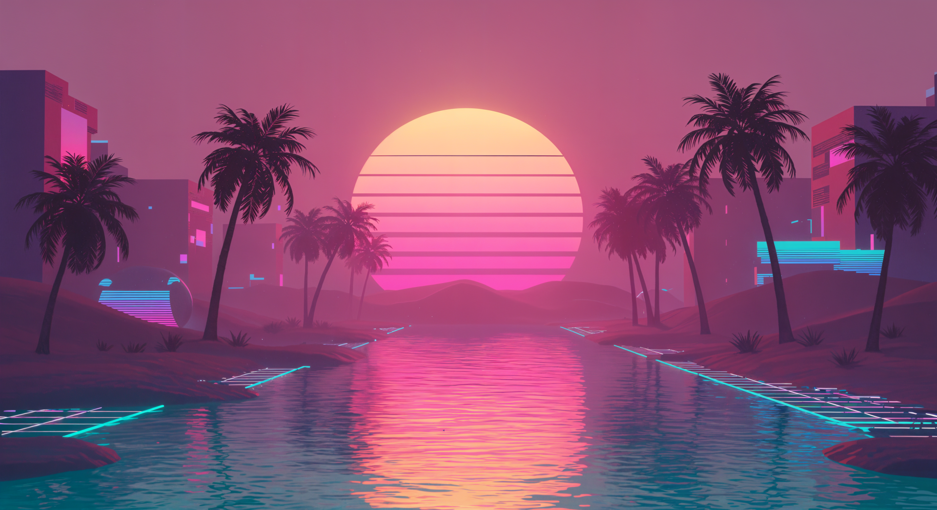 A vibrant 4K Ultra HD desktop wallpaper featuring a stunning sunset with colorful hues, palm trees, and serene water reflections, creating a dreamlike atmosphere.