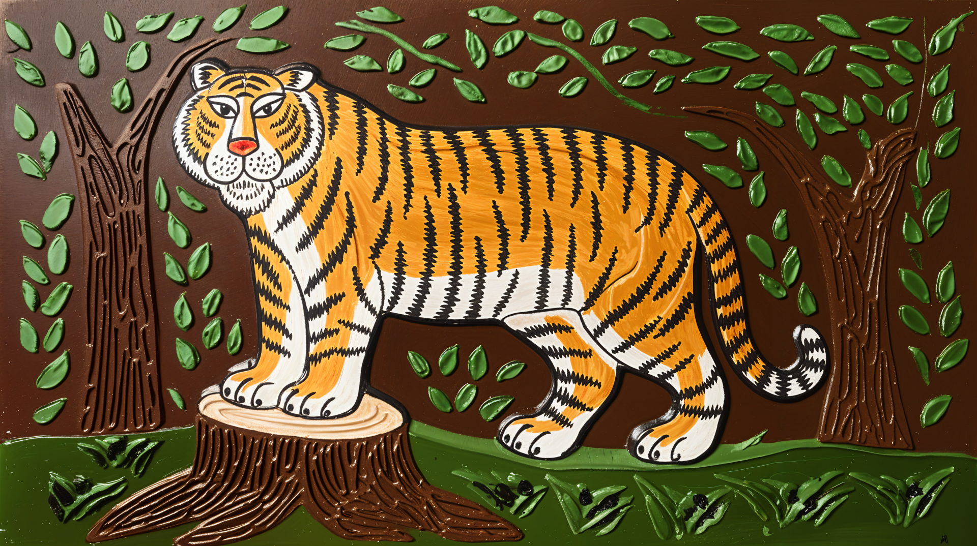 A vibrant illustration of a Siberian tiger standing on a tree stump, surrounded by lush greenery, designed as a 4K Ultra HD PC desktop wallpaper and background.