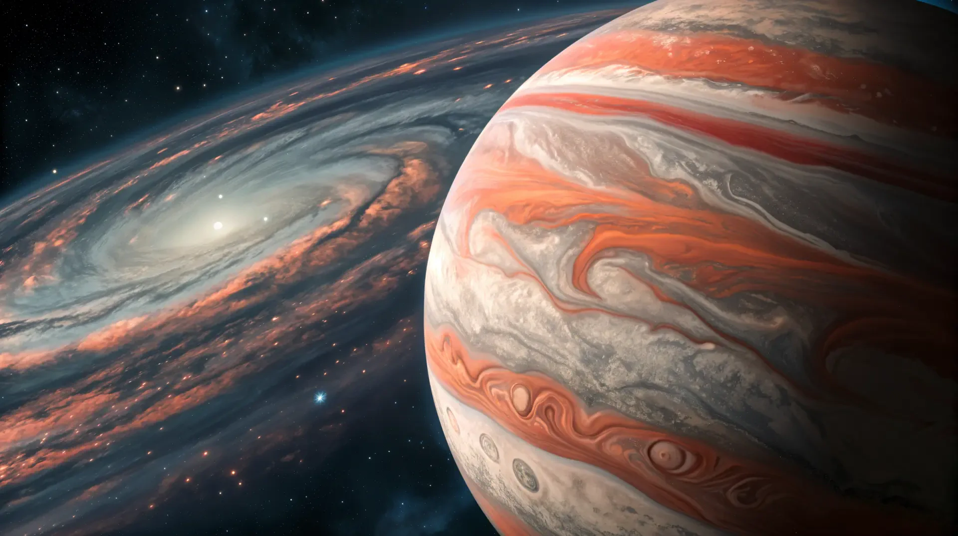 A stunning 4K Ultra HD depiction of a gas giant with swirling clouds and vibrant colors, set against a backdrop of a spiraling galaxy and starry space.