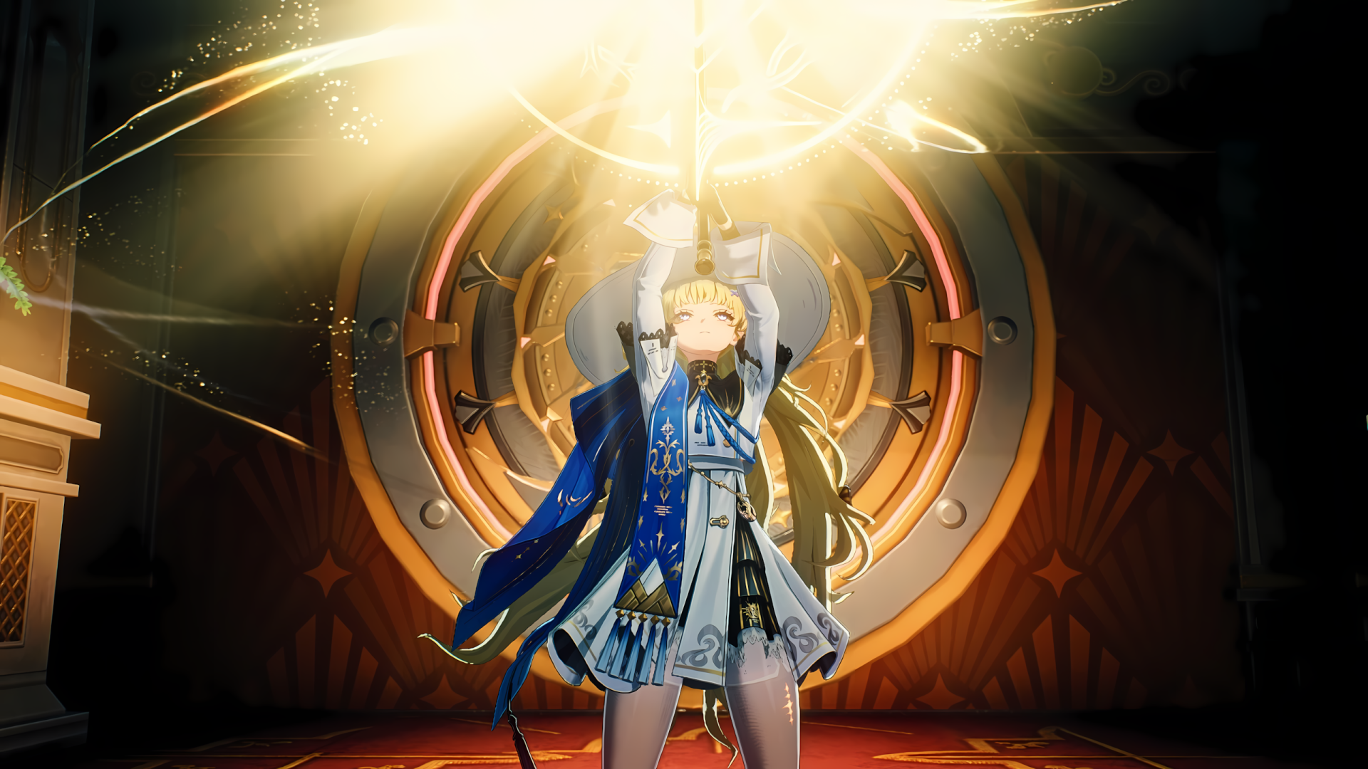 HD wallpaper featuring Phoebe from the video game Wuthering Waves, wielding a glowing staff against a dramatic background, showcasing vibrant colors and dynamic energy.