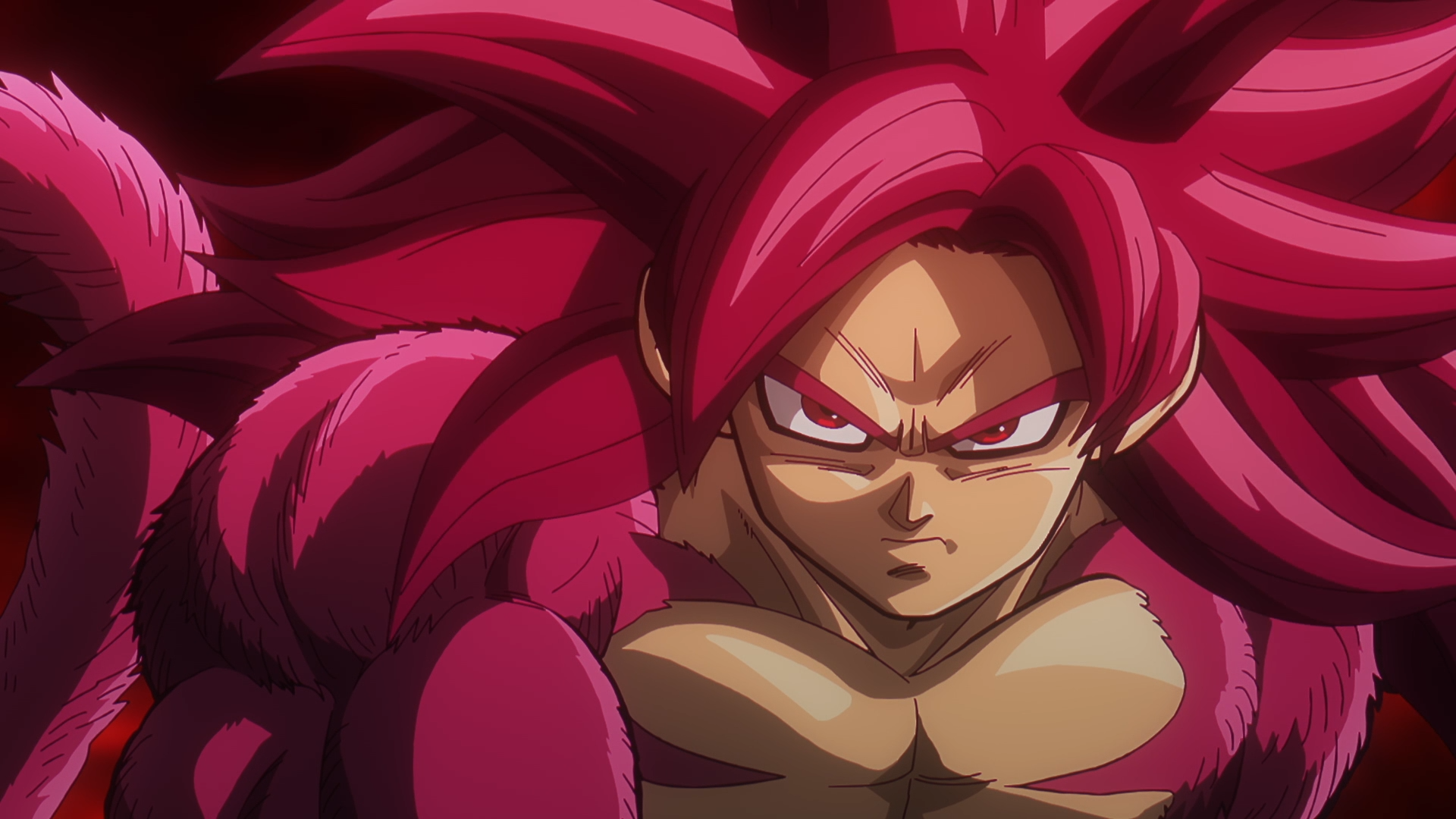 HD anime wallpaper featuring Goku in his intense Super Saiyan 4 form from Dragon Ball DAIMA, showcasing vibrant red hair and fierce expression.