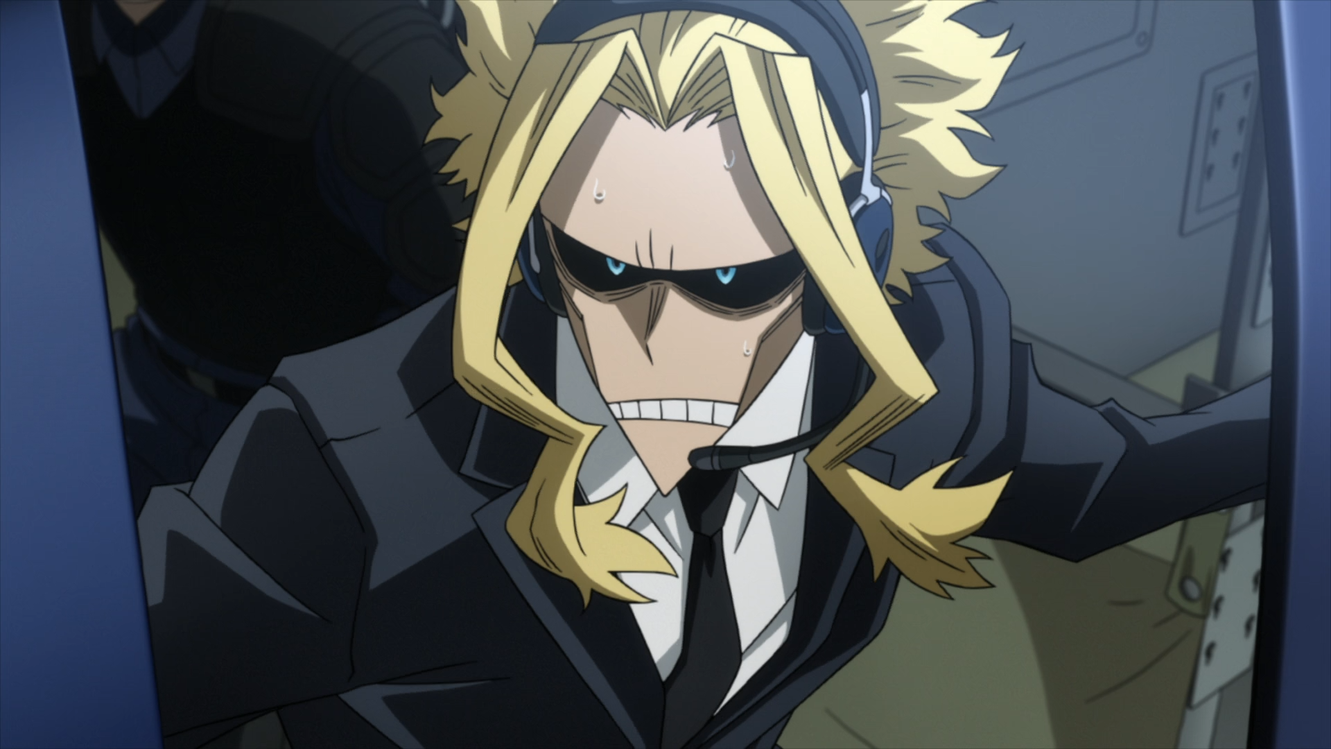 HD PC desktop wallpaper of All Might from My Hero Academia: You're Next — black suit, intense glare, clenched teeth, dynamic close-up.