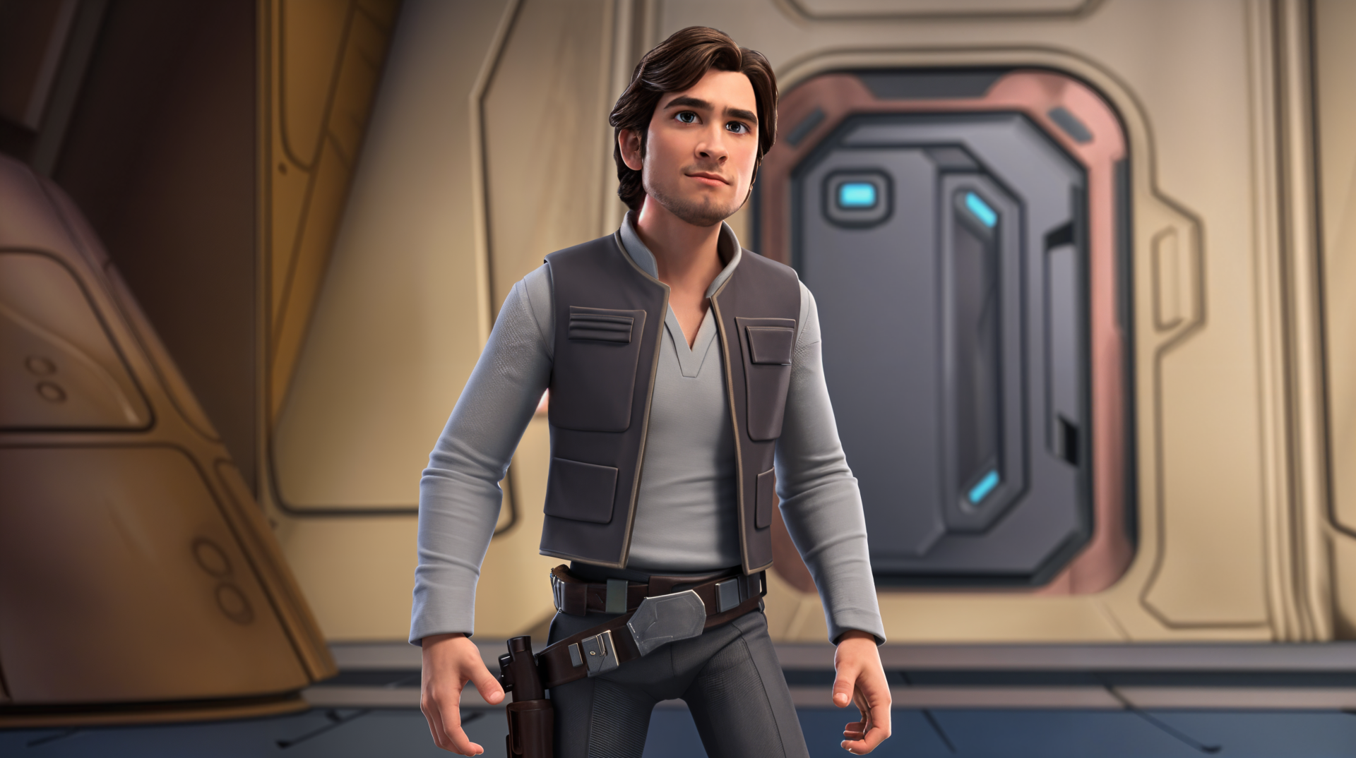 A stylized 4K Ultra HD wallpaper featuring Han Solo standing confidently in a futuristic setting, showcasing his iconic outfit and adventurous spirit.