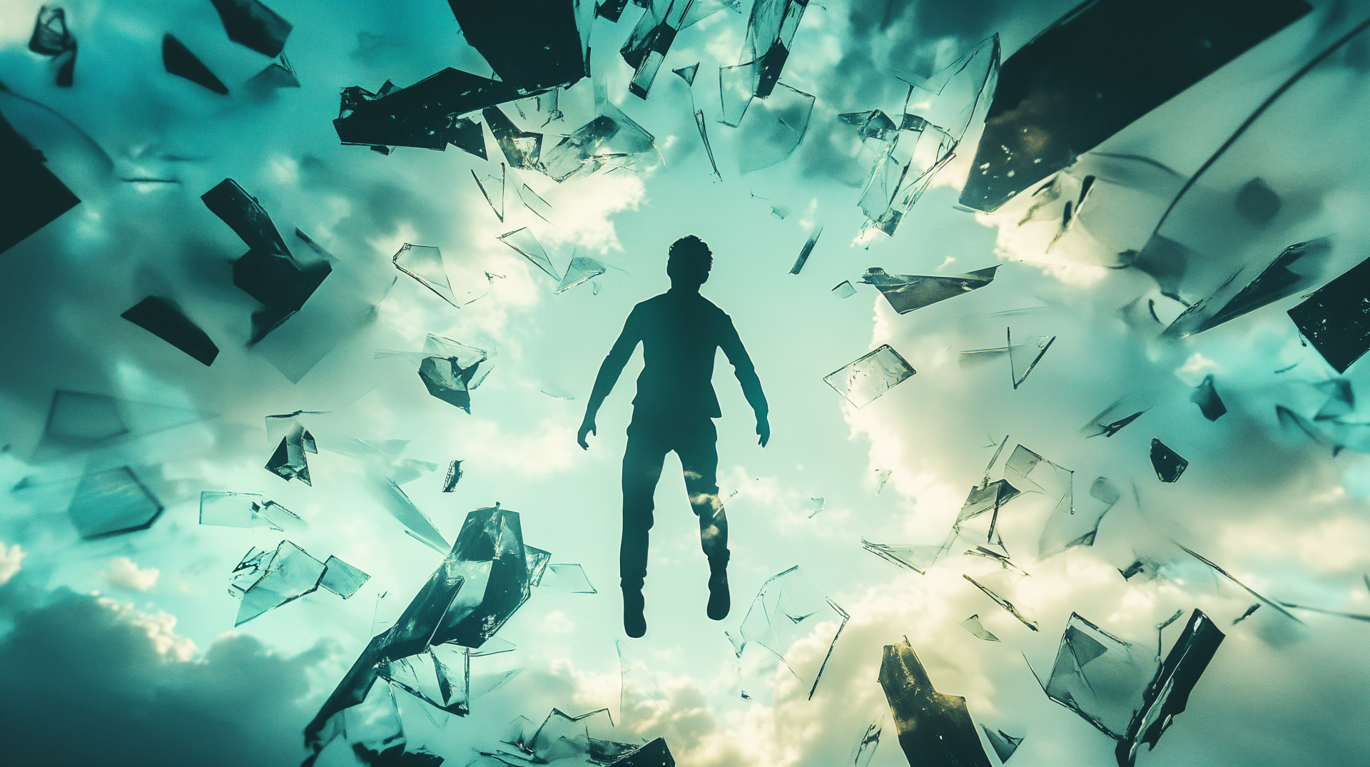 A dramatic 4K Ultra HD wallpaper depicting a figure breaking through a shattered glass ceiling, symbolizing liberation and achievement amidst a vibrant sky.