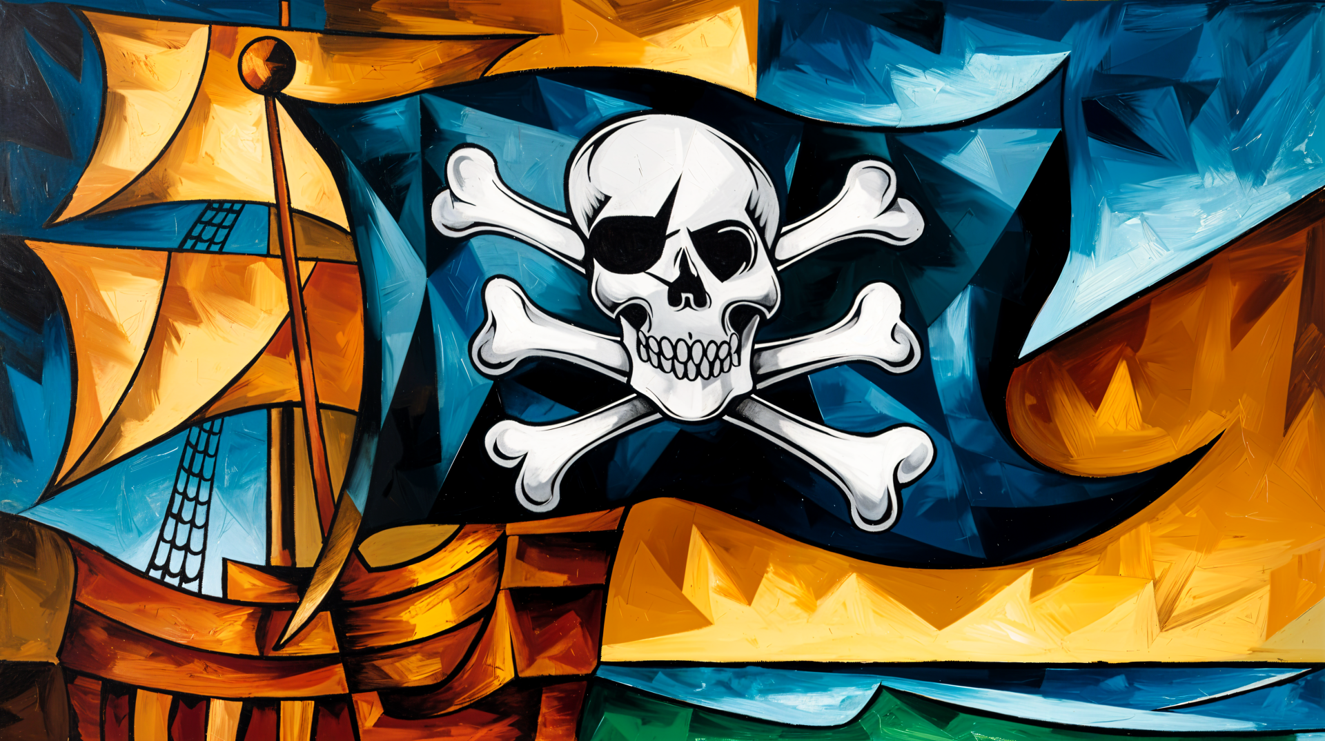 A vibrant 4K Ultra HD nautical art wallpaper featuring a pirate flag with a skull and crossbones on a ship's sail against a dynamic blue and yellow background.
