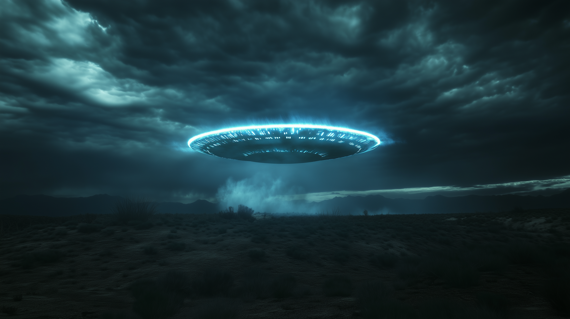 A glowing UFO hovers above a dark, cloudy fantasy landscape, evoking a sci-fi invasion scene in this HD PC desktop wallpaper.