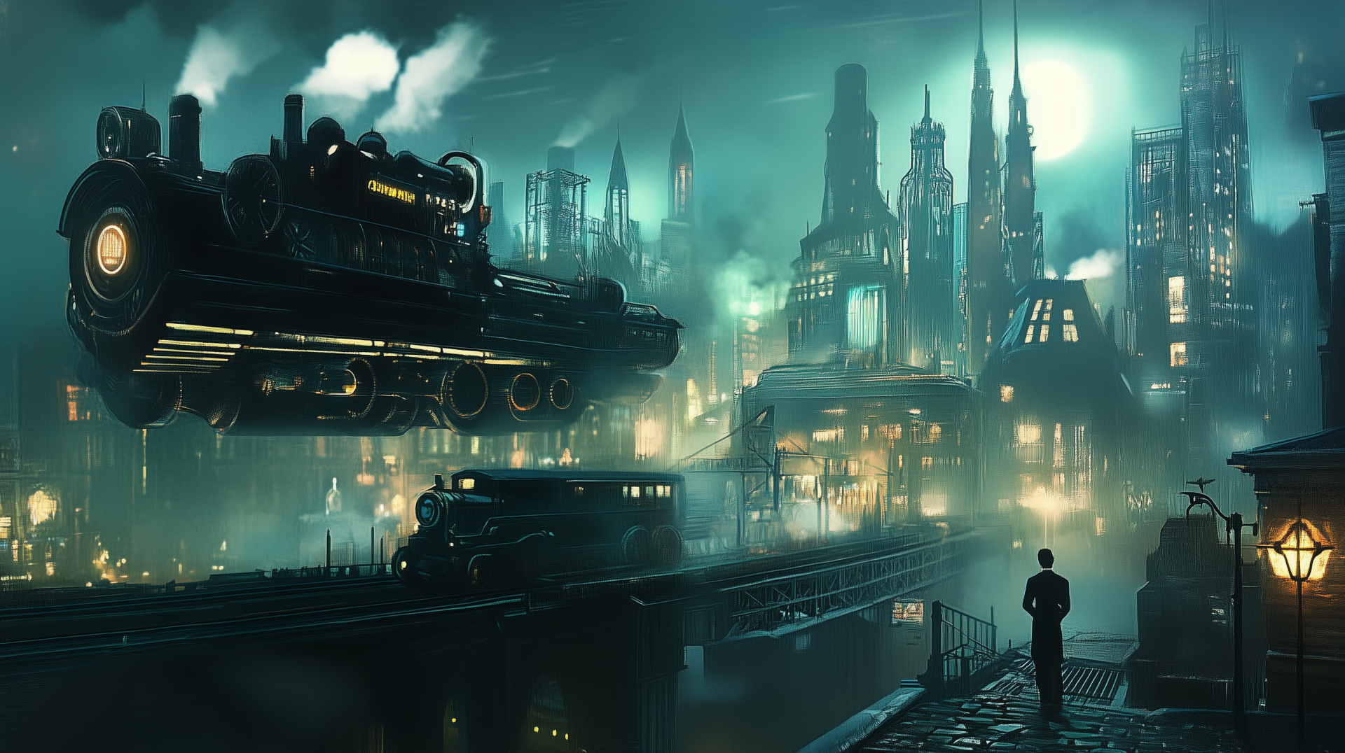 A steampunk-inspired futuristic cityscape with towering buildings and a large floating train, depicted in an artistic style as an HD PC desktop wallpaper.