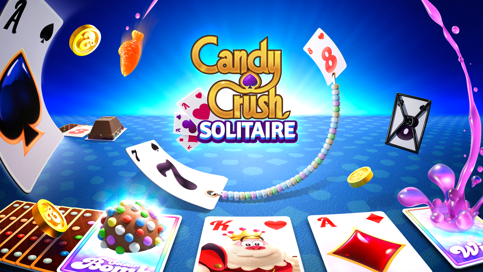 HD desktop wallpaper featuring Candy Crush Solitaire, showcasing vibrant cards and playful candy elements, set against a bright blue background.