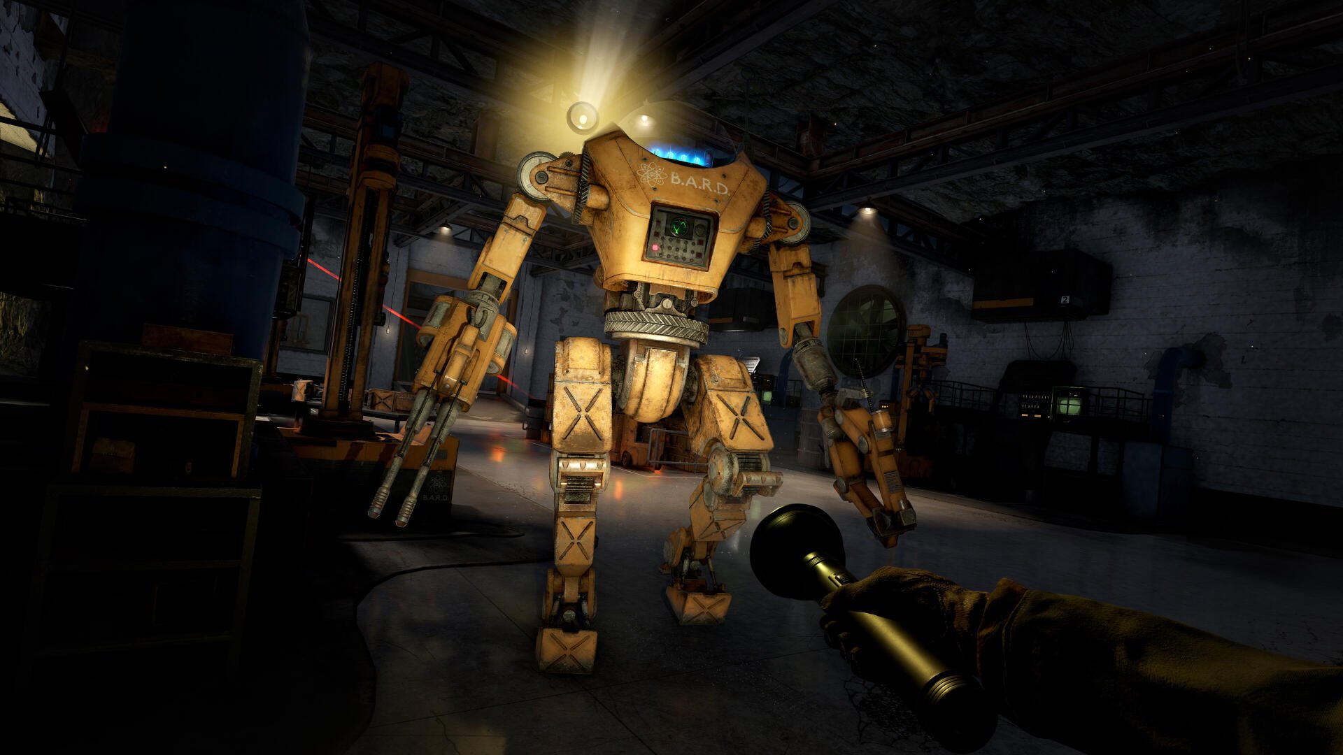 A 4K Ultra HD PC desktop wallpaper featuring a robotic character from the video game Atomfall, illuminated by a beam, set in a dimly lit industrial environment.