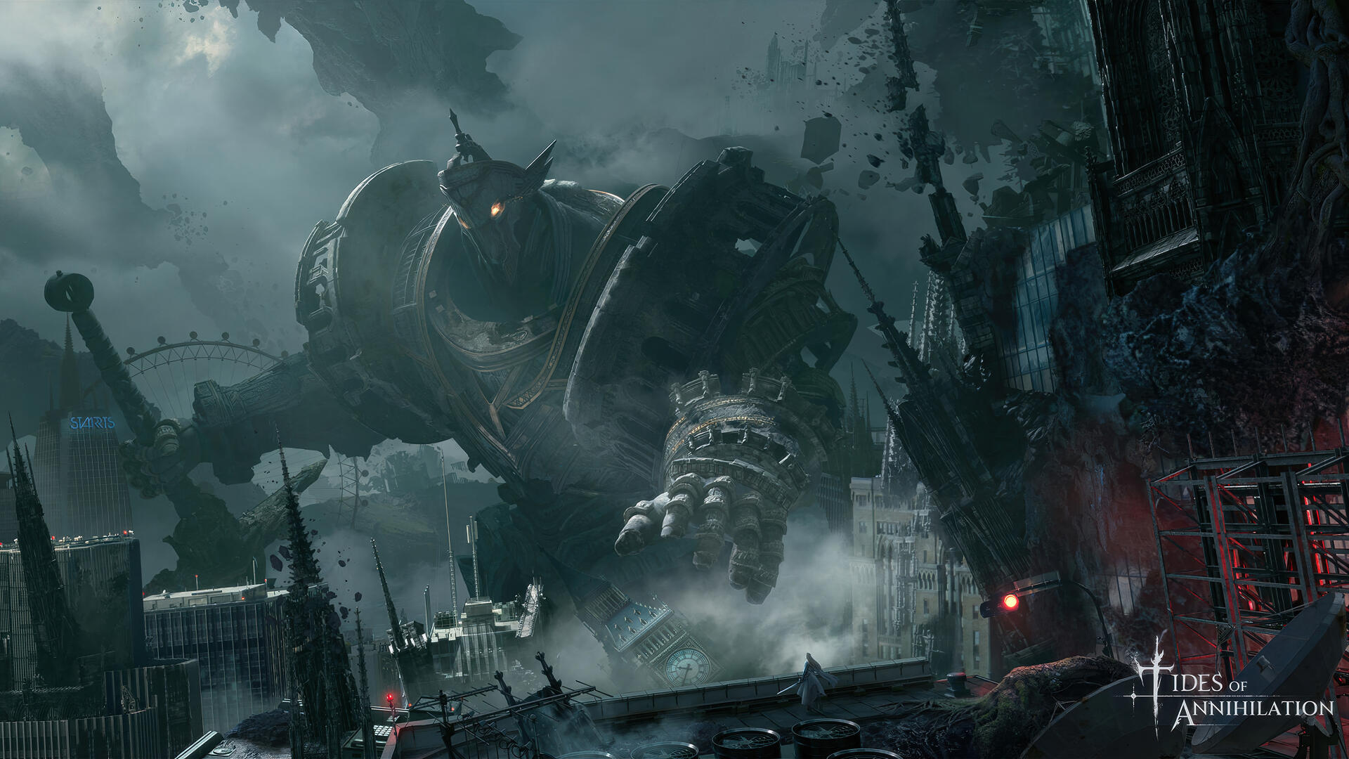 A dramatic 4K Ultra HD wallpaper from the video game Tides of Annihilation, featuring a colossal robot amidst a dark, crumbling landscape, exuding an intense atmosphere.