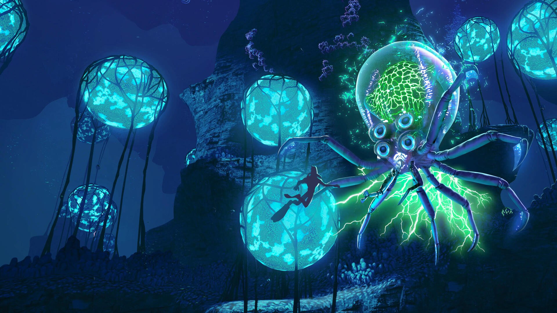 Subnautica 4K Ultra HD PC desktop wallpaper: diver swims among glowing blue bioluminescent pods beside a huge neon-green, multi-eyed octopus-like creature in an alien underwater cavern.
