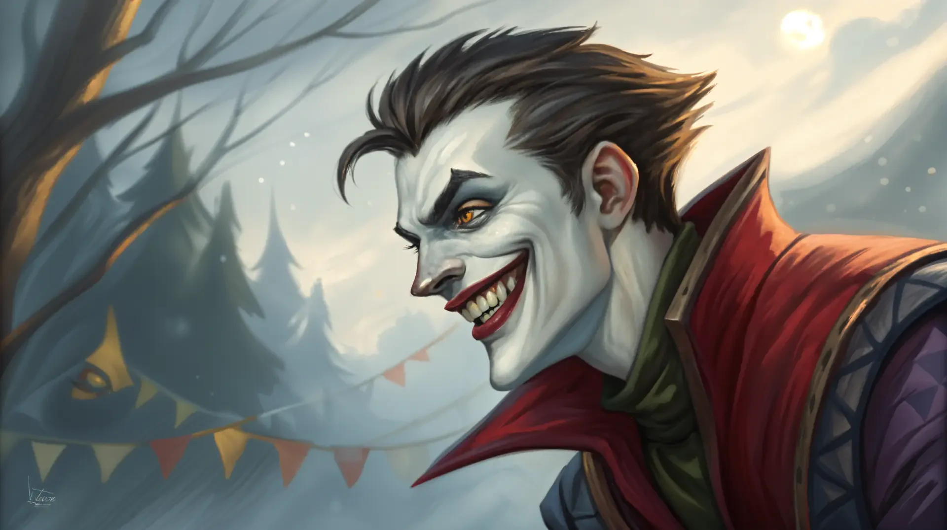 Shaco from League of Legends, depicted in a vibrant 4K Ultra HD style, showcases a mischievous grin against a misty, wooded backdrop, evoking a mysterious atmosphere.