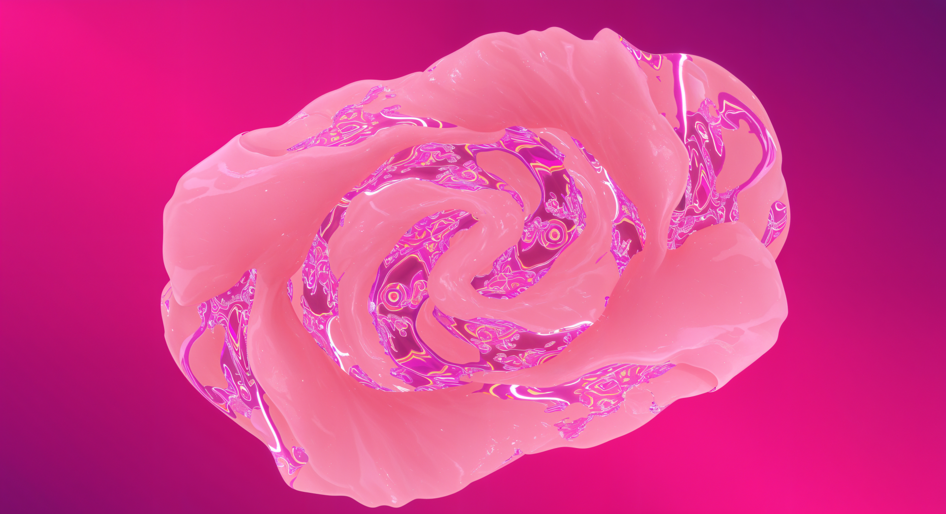 Abstract digital art of a swirling rose quartz shape in shades of pink, designed as a 4K Ultra HD PC desktop wallpaper and background.