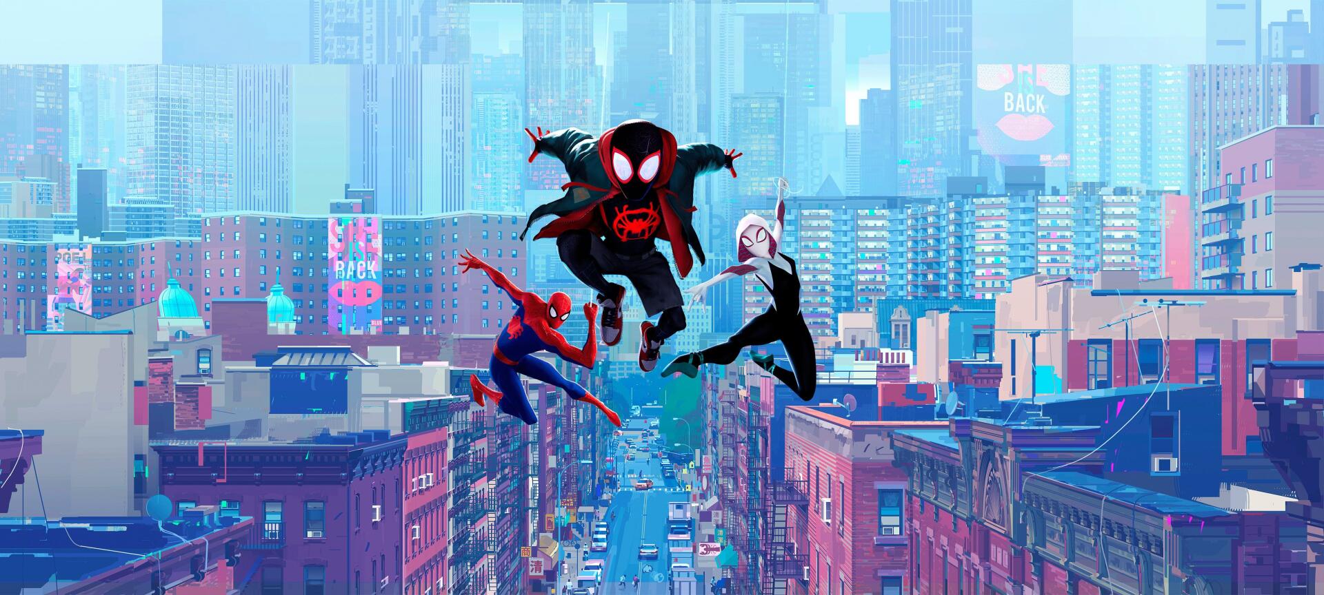 4K Ultra HD PC desktop wallpaper featuring three Spider-Man characters leaping dynamically against a vibrant cityscape background.