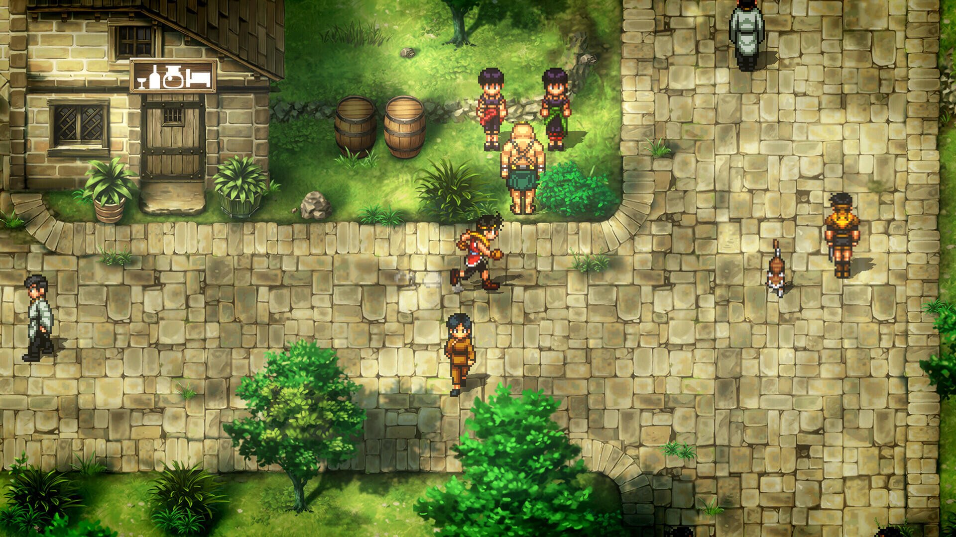 HD wallpaper featuring characters from Suikoden I&II HD Remaster, set against a vibrant backdrop of a village square, capturing the essence of the Gate Rune and Dunan Unification Wars.