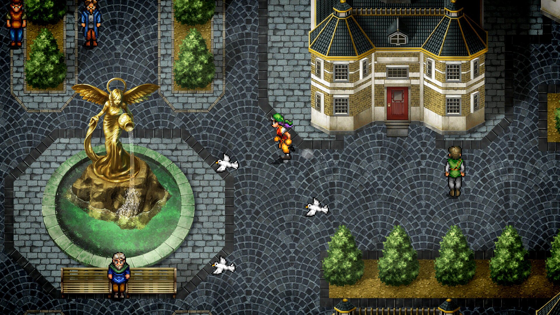 A detailed HD wallpaper from Suikoden I&II HD Remaster, showcasing a vibrant town square with a fountain, characters, and lush greenery, capturing the essence of the Gate Rune and Dunan Unification Wars.