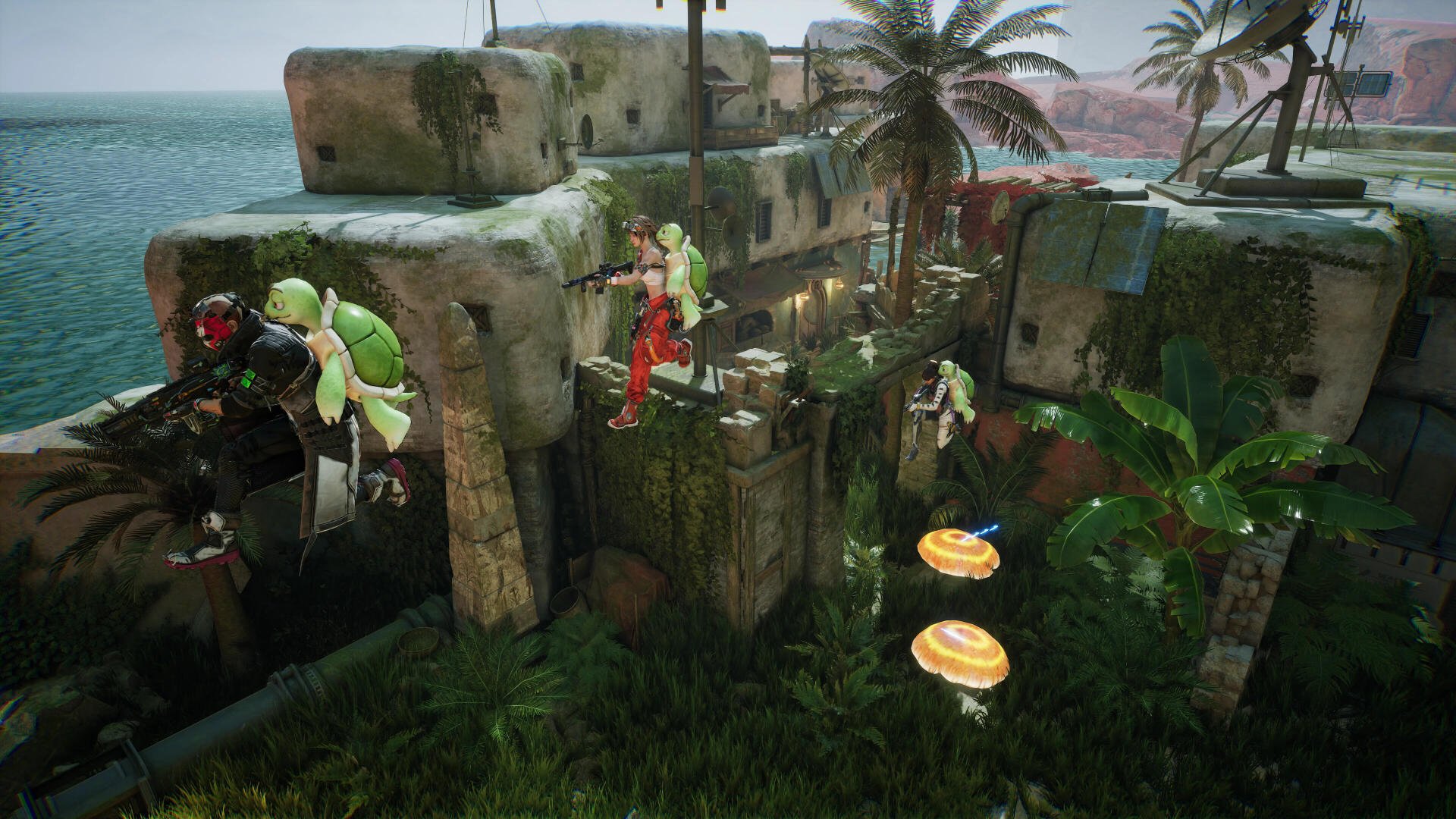A vibrant scene from the video game FragPunk, showcasing characters navigating a lush landscape with ruins and palm trees, surrounded by a dynamic and colorful environment.
